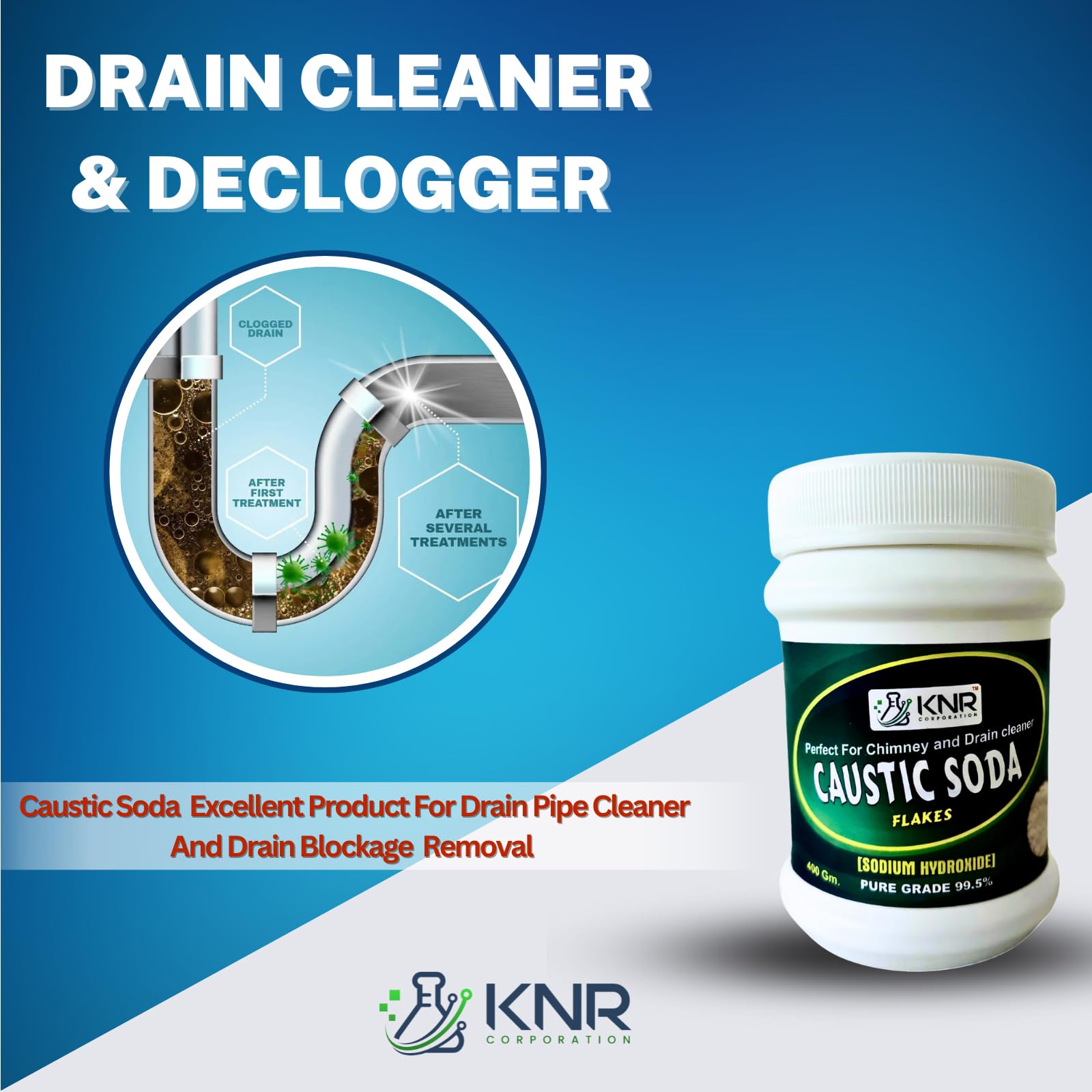 KNR CORPORATION Caustic Soda Flakes (400G) - Fast-Acting Drain Cleaner, Sink Unclogger & Chimney Cleaner | Odorless Formula for DIY Soap Making & Home Cleaning | 400 Gram Jar for Kitchen, Bathroom & Industrial Use