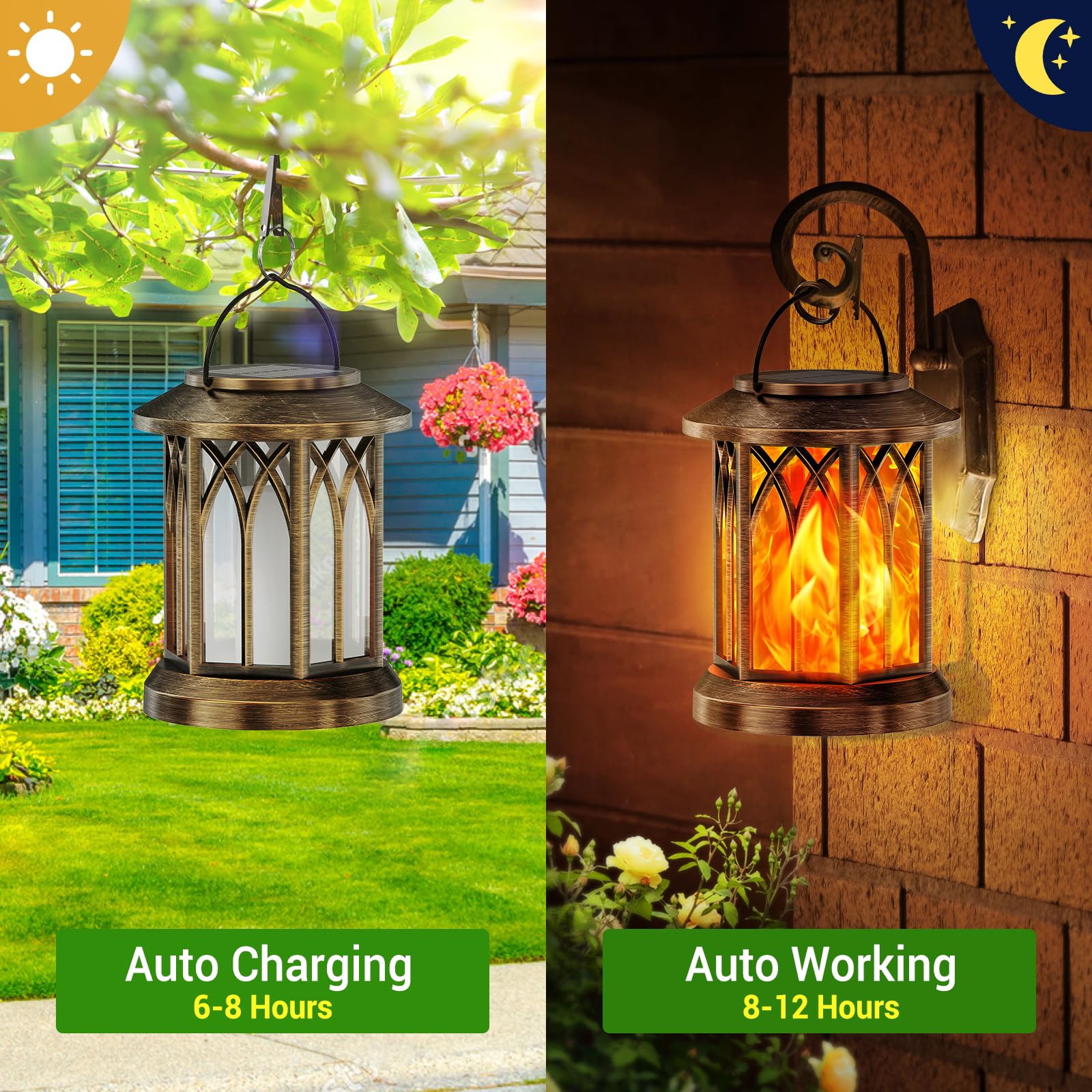 KOOPER 2 Pack Solar Hanging Lanterns with Flickering Flame Effect - Waterproof Outdoor Solar Lights for Yard, Garden, Patio Decor - Auto On/Off Bronze Solar Lanterns - Perfect for Backyard, Pathway, and Porch Lighting