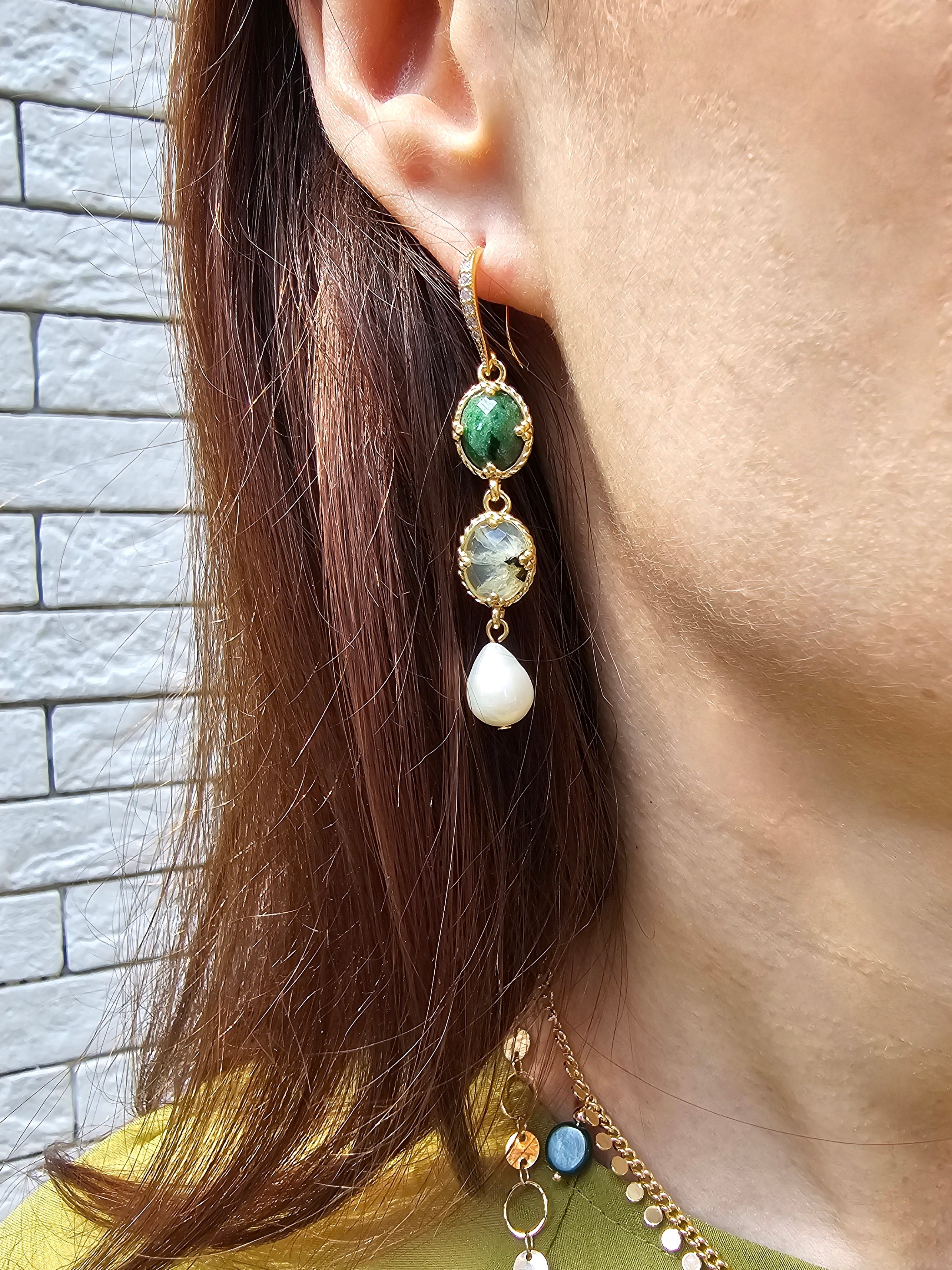 Green Gemstone and White Pearls Dangle Earrings PE043 | Elegant Jewelry for Women, Perfect for Parties, Weddings & Special Occasions