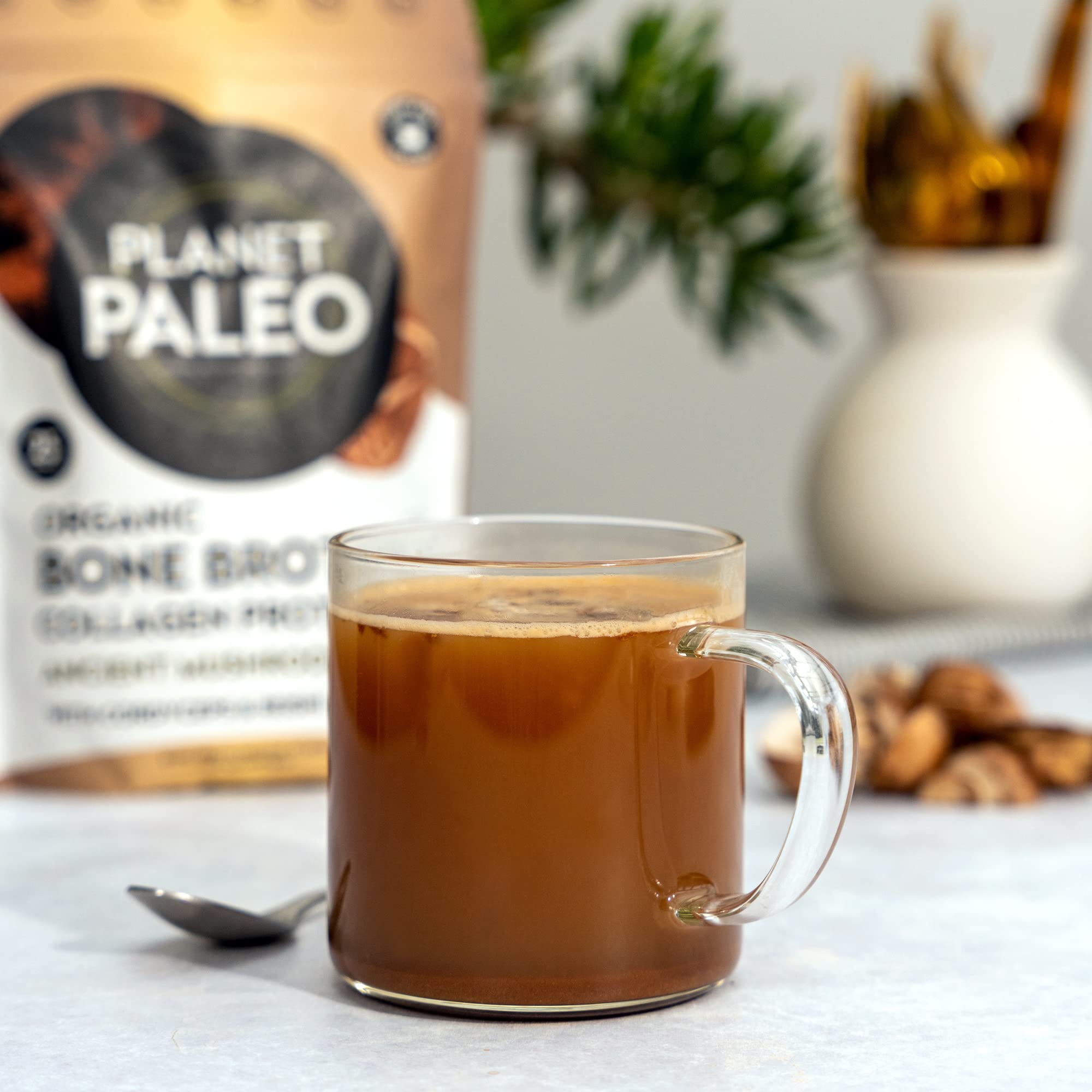 Planet Paleo Organic Bone Broth Powder with Reishi, Cordyceps, Lion's Mane & Shiitake Mushrooms - 225g (25 Servings) - Grass Fed, High Protein, Keto & Paleo Friendly - Supports Immunity & Gut Health - Perfect for Soups, Smoothies & Wellness Drinks