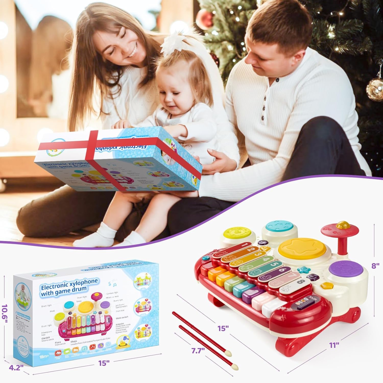 Marstone 5-in-1 Musical Baby Toys for 1-2 Year Olds - Interactive Piano, Xylophone, Whack-a-Mole, Drum Set with Sounds & Lights | Perfect 1st Birthday Gift & Early Learning Toy for Toddlers | Great for Playtime, Sensory Development & Motor Skills