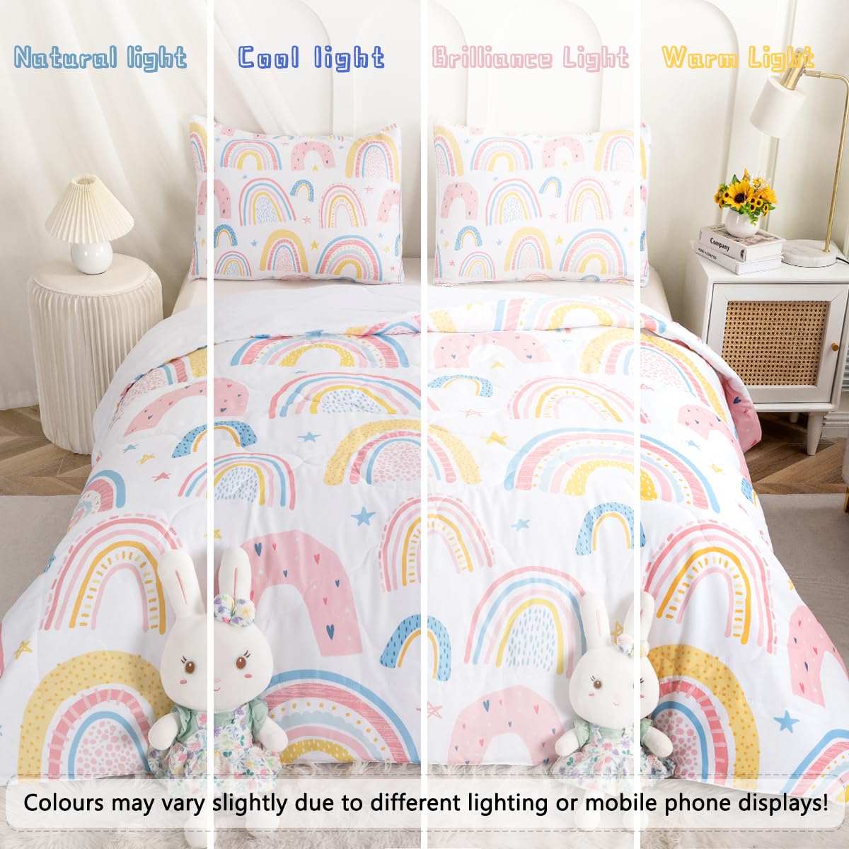 BEDMUST Rainbow King Comforter Set for Girls - Pink & Yellow Star Pattern Bedding, 3 Piece Set with 1 Comforter & 2 Pillow Shams | Soft & Cozy Twin/Full/Queen Size | Perfect for Kids Bedroom, Dorm Room & Sleepovers