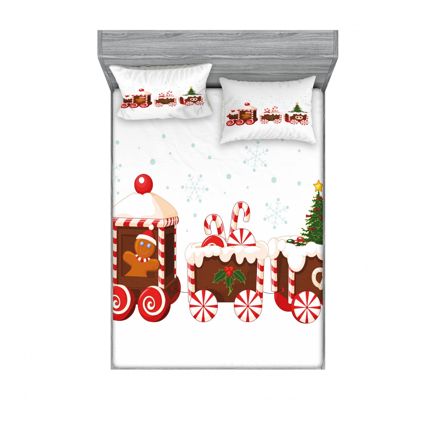Ambesonne 2-Piece Christmas Bedding Set - Queen Size Fitted Sheets & 4 Pillow Shams, Gingerbread Train Holiday Design in White Brown Vermilion | Cozy Winter Bedroom Decor for Festive Home Styling