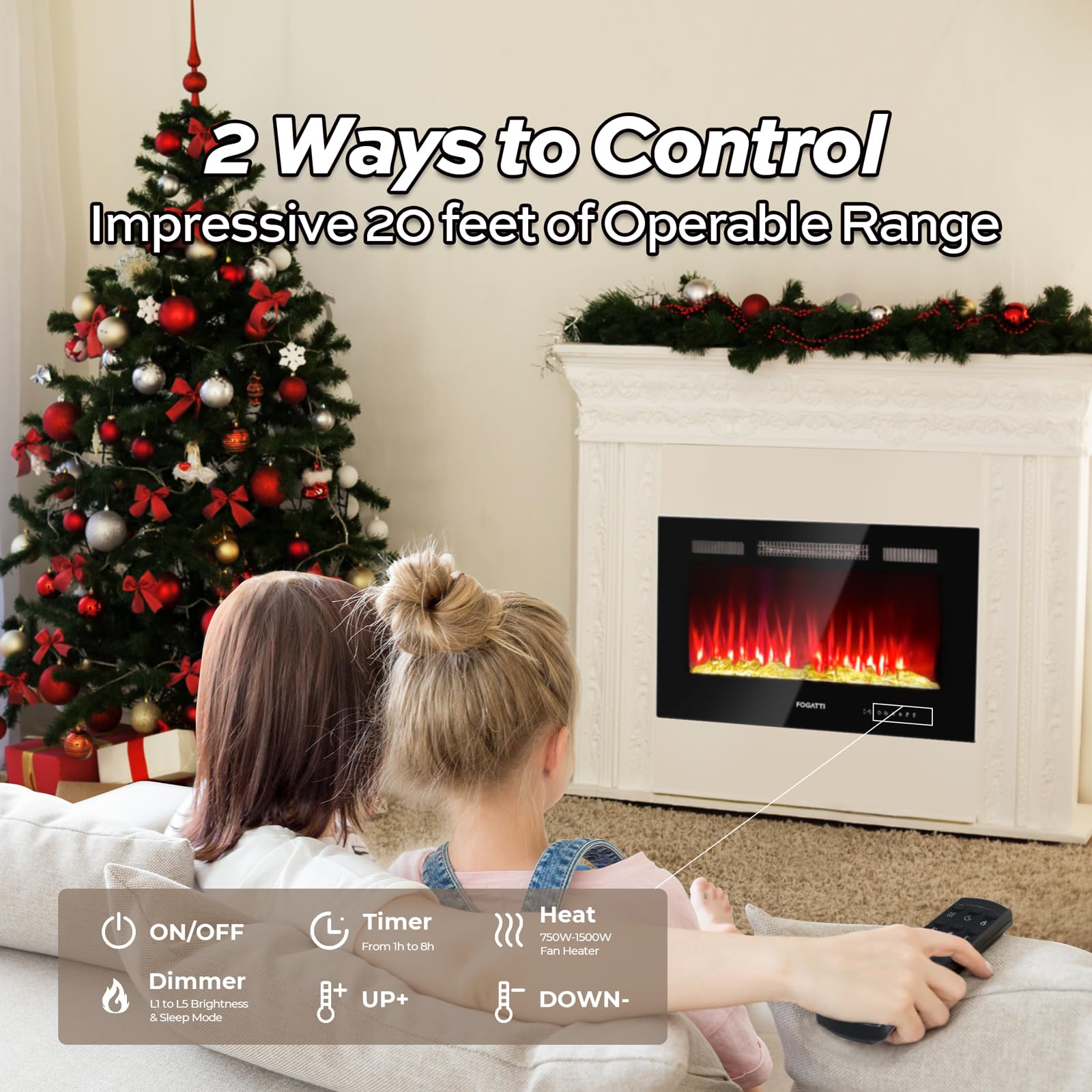 FOGATTI 36 Inch Electric Fireplace - Wall Mounted & Recessed RV Fireplace Heater with Remote Control, Timer, Realistic 7-Color Flame (Crystals/Driftwood Options) - Perfect for Living Rooms, Bedrooms & Campers