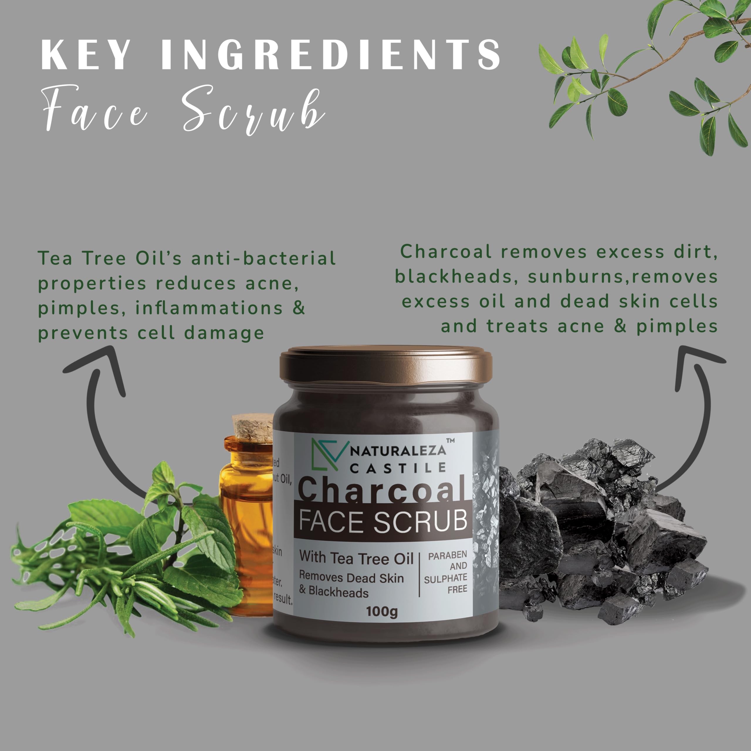 Natural Charcoal & Tea Tree Oil Face Scrub (100g) - Deep Cleansing, Blackhead Removal & Exfoliating Facial Cleanser for Face, Neck & Body | Perfect for Acne-Prone Skin & Daily Skincare Routine