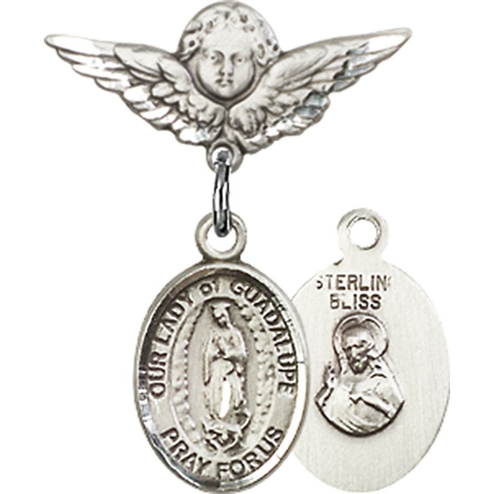 Authentic Sterling Silver Baby Badge with Our Lady of Guadalupe Charm & Angel Wing Pin - 7/8