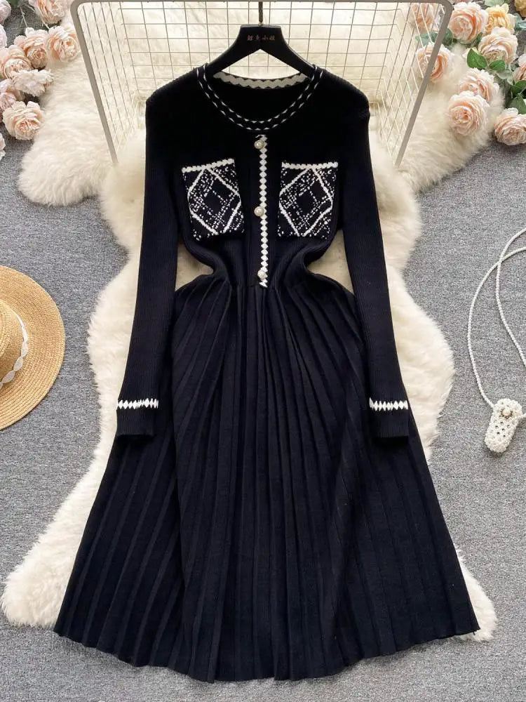 Beige Patchwork Knit Sweater Dress for Women - Long Sleeve Elegant Korean Style Slim Fit Casual Winter Dress with Black Pleated Details | Perfect for Autumn Outfits, Office Wear & Holiday Parties
