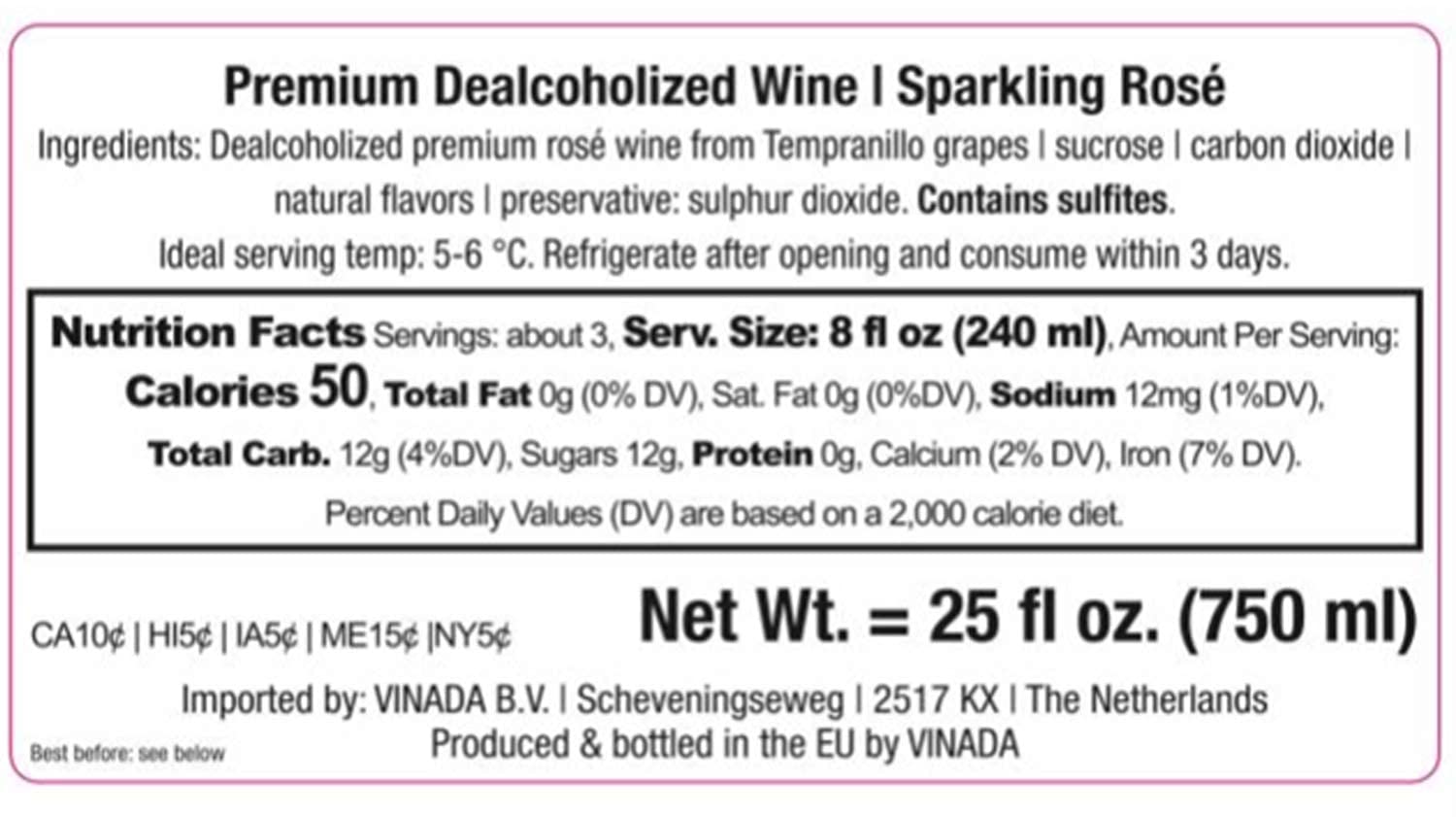 VINADA Alcohol-Free Sparkling Rosé Wine - 750ml (12 Bottles) - Perfect for Parties, Weddings & Sober Celebrations