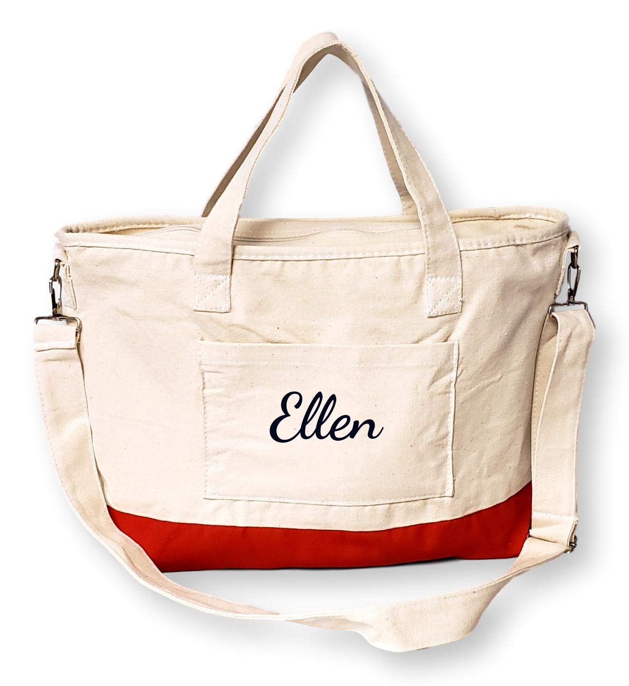 Custom Cotton Canvas Tote Bag - Personalized Embroidery Name (Red/Natural) for Shopping & Travel