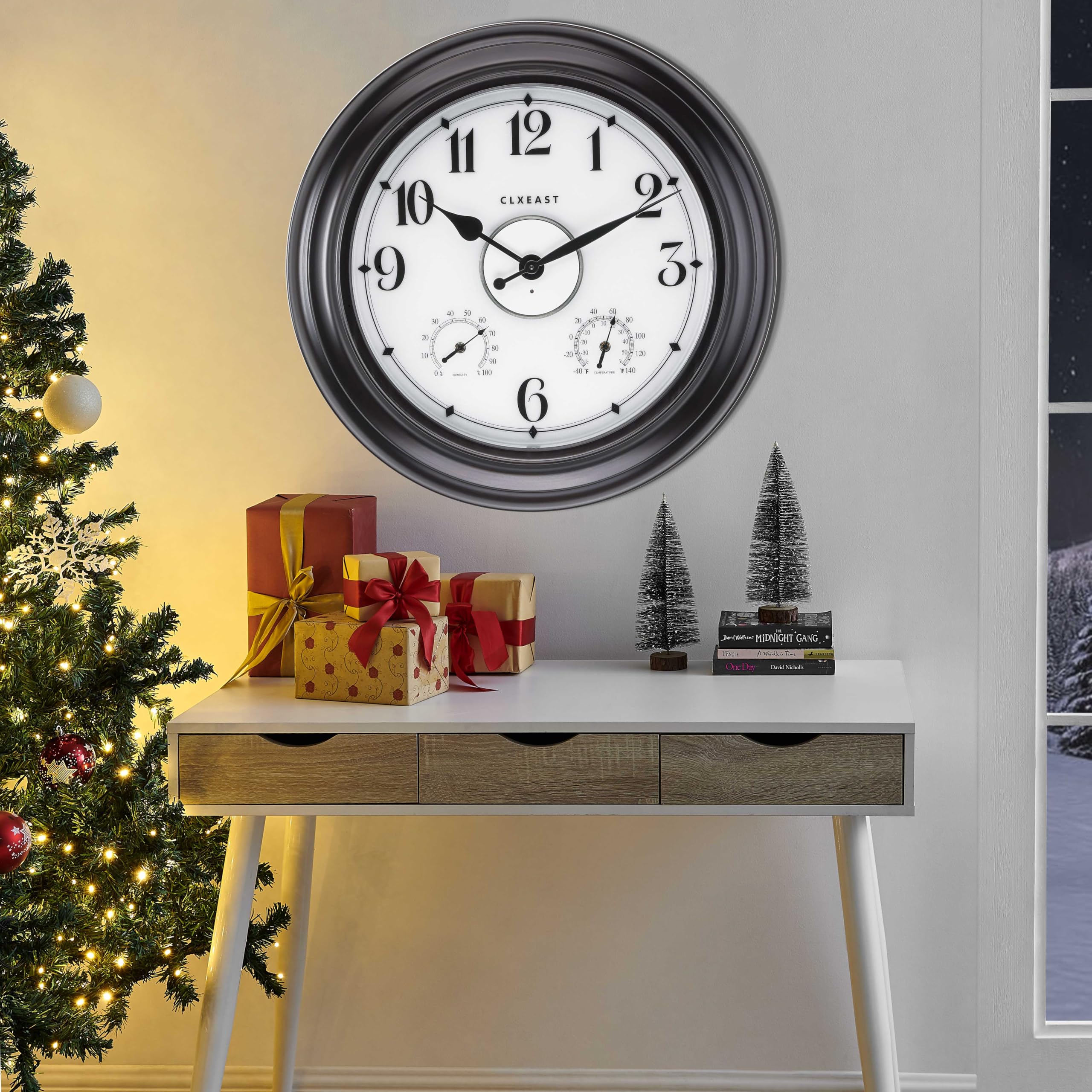 CLXEAST 24 Inch LED Outdoor Metal Clock - Waterproof, Large Lighted Wall Clock with Temperature & Humidity Display - Oil Rubbed Bronze Black - Perfect for Patio, Garden, Backyard & Easter Decorations