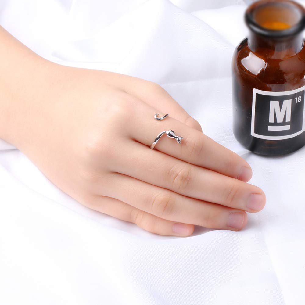 NewZenro Sterling Silver Cat Open Toe Ring - Adjustable Promise Band Jewelry for Women, Teen Girls, Pet Lovers | Perfect Birthday Gift, Engagement Ring, Fashion Statement for Cat Owners & Animal Lovers