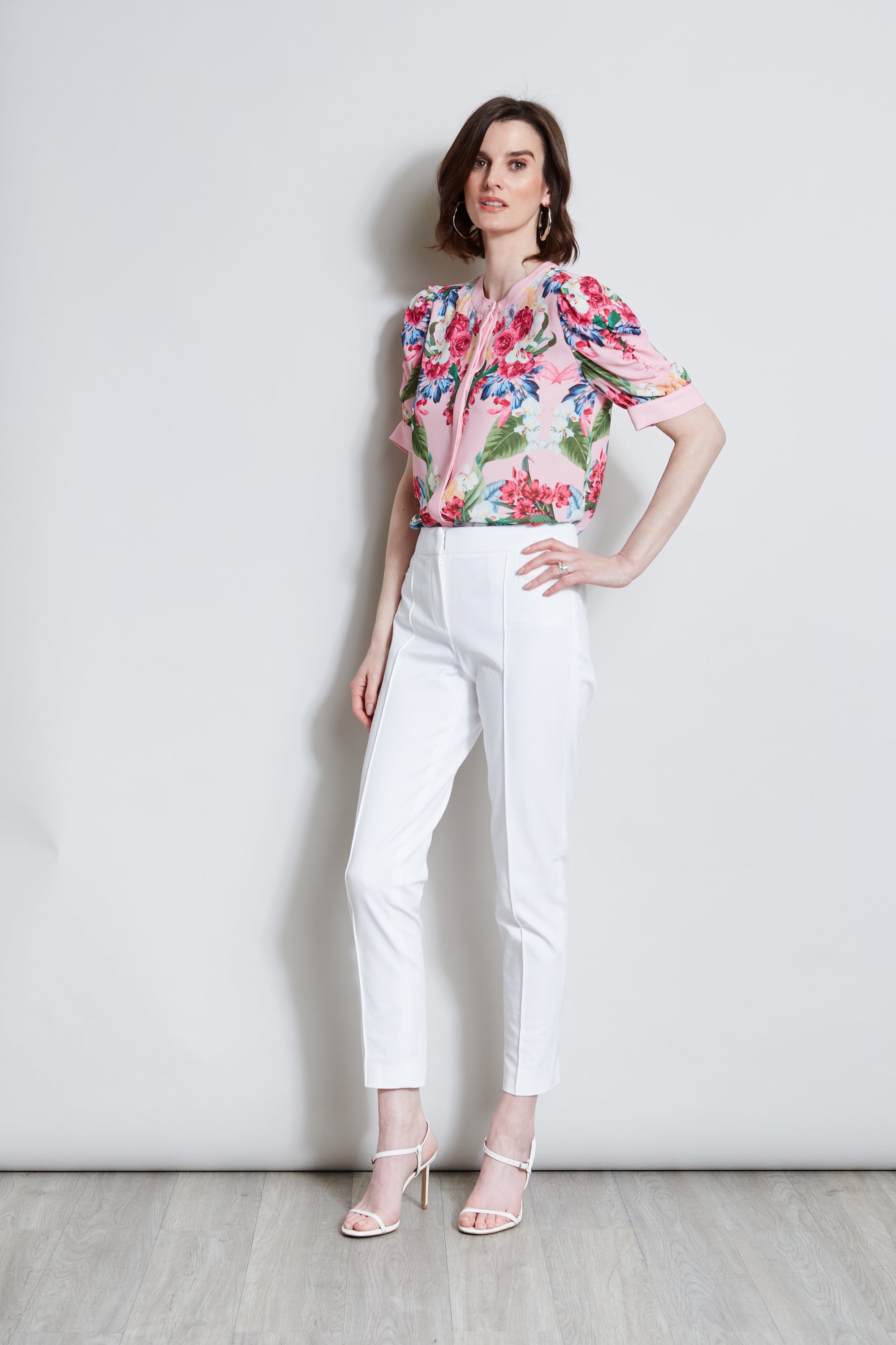 Tahari Rose Print Puff Shoulder Blouse - Women's Floral Embroidered Elegant Top for Work, Party & Date Night