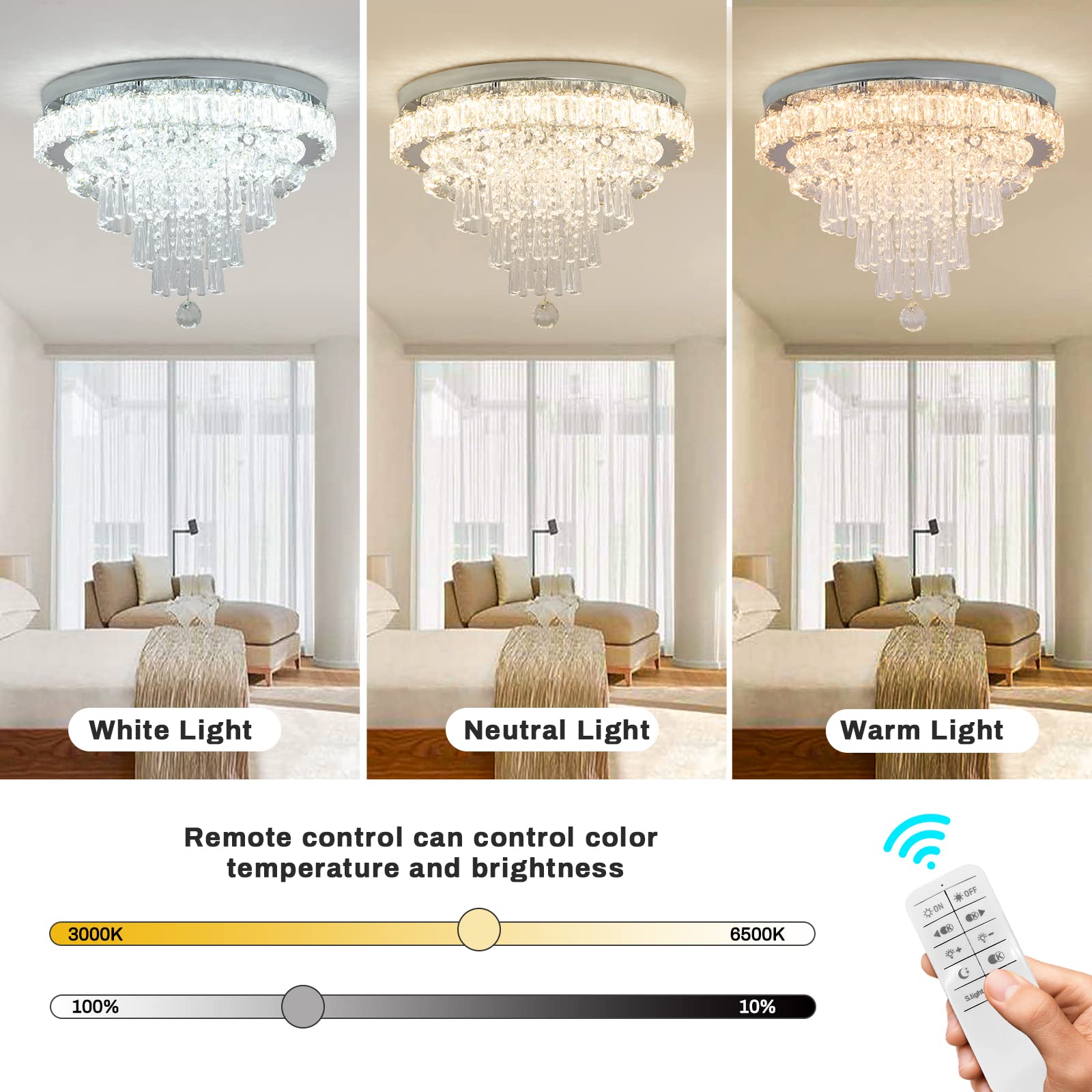 CLAIRDAI Modern Crystal Chandelier - Dimmable LED Flush Mount Ceiling Light with Remote Control & 5-Tier Crystal Drops | Perfect for Hallway, Bedroom, Dining Room, Living Room | Elegant Lighting for Home Decor & Special Occasions