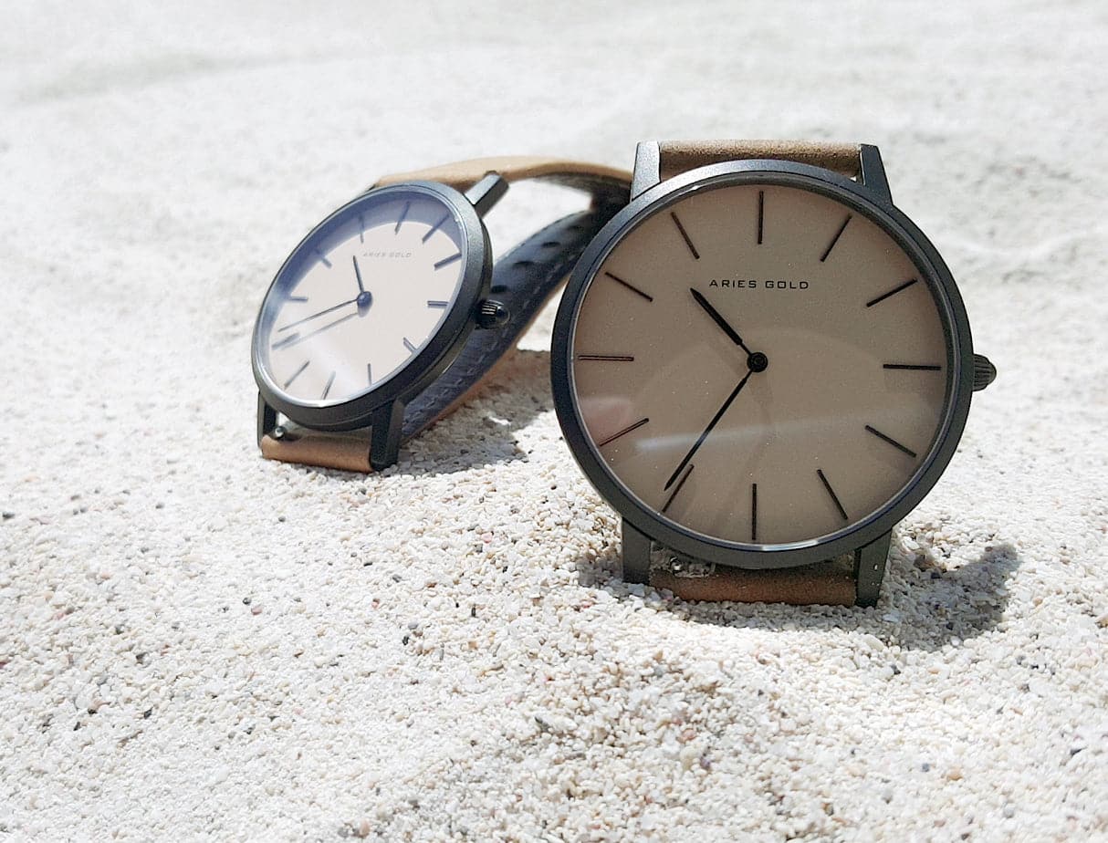 ARIES GOLD URBAN SANTOS G 1022 & L 1023 BK BEI Luxury Couple Watches Set - Perfect for Anniversaries, Weddings and Romantic Gifts