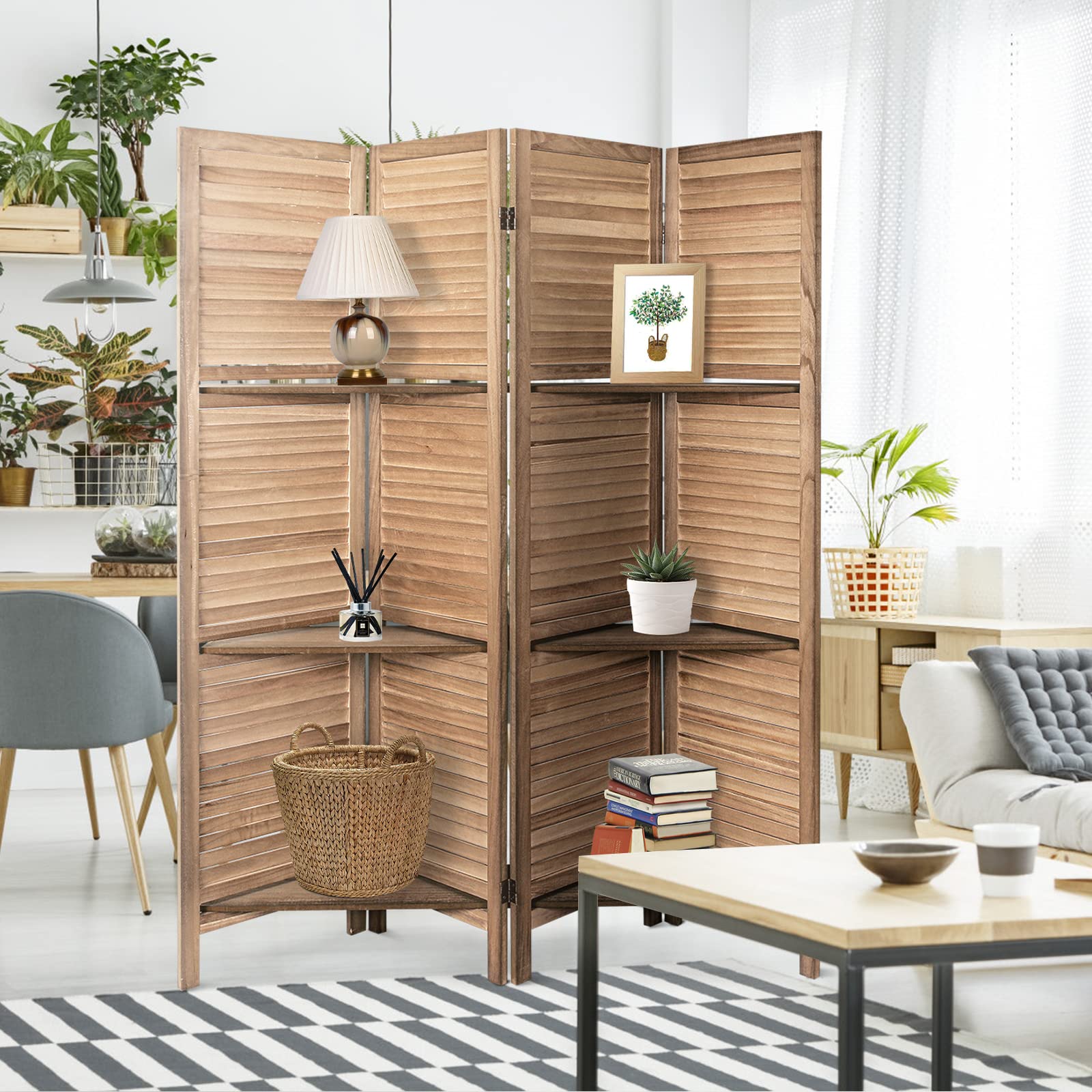 ECOMEX 4 Panel Wood Room Divider Screen - Freestanding Folding Privacy Partition with Shelves for Home & Office (Brown) | Perfect for Living Room, Bedroom, Studio Space Separation & Decoration