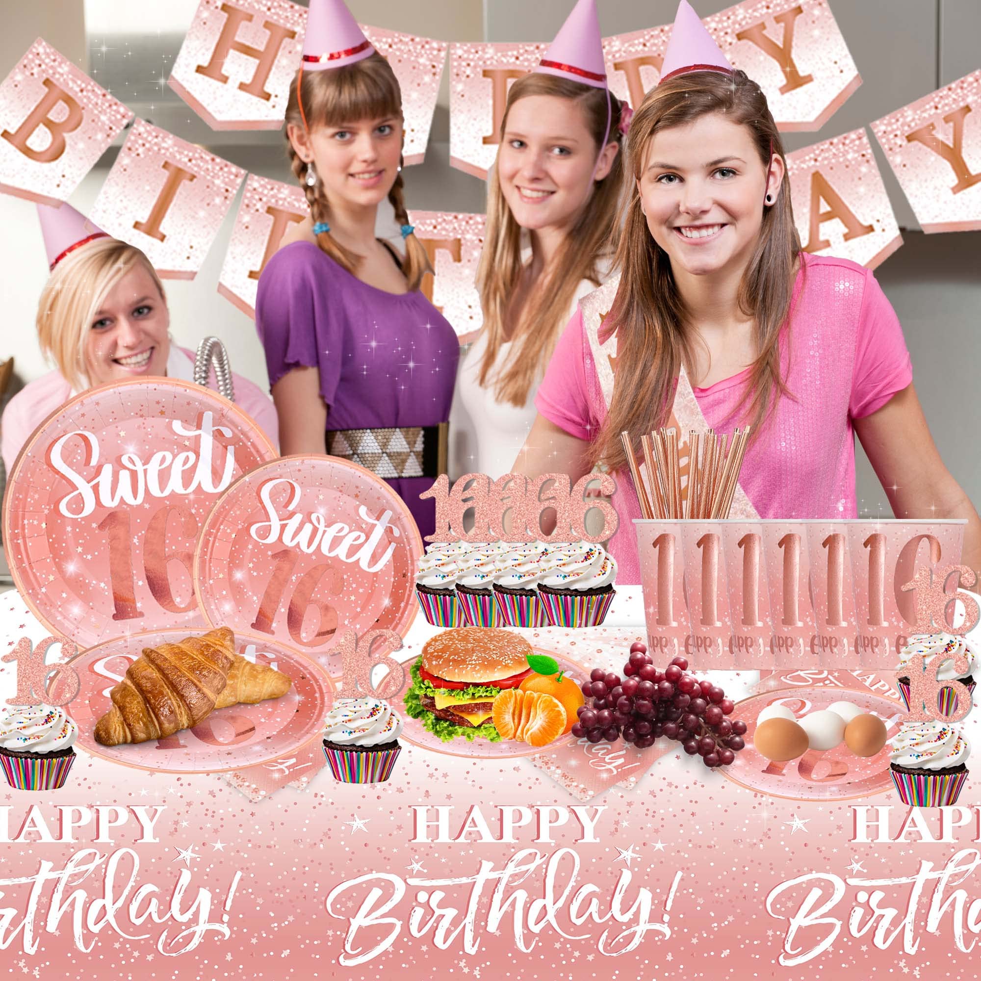 Sweet 16 Birthday Party Decorations for Girls - Rose Gold Banner, Happy Birthday Balloons & Party Supplies | 16th Birthday Celebration Decor for Teens, Quinceañera, Milestone Parties
