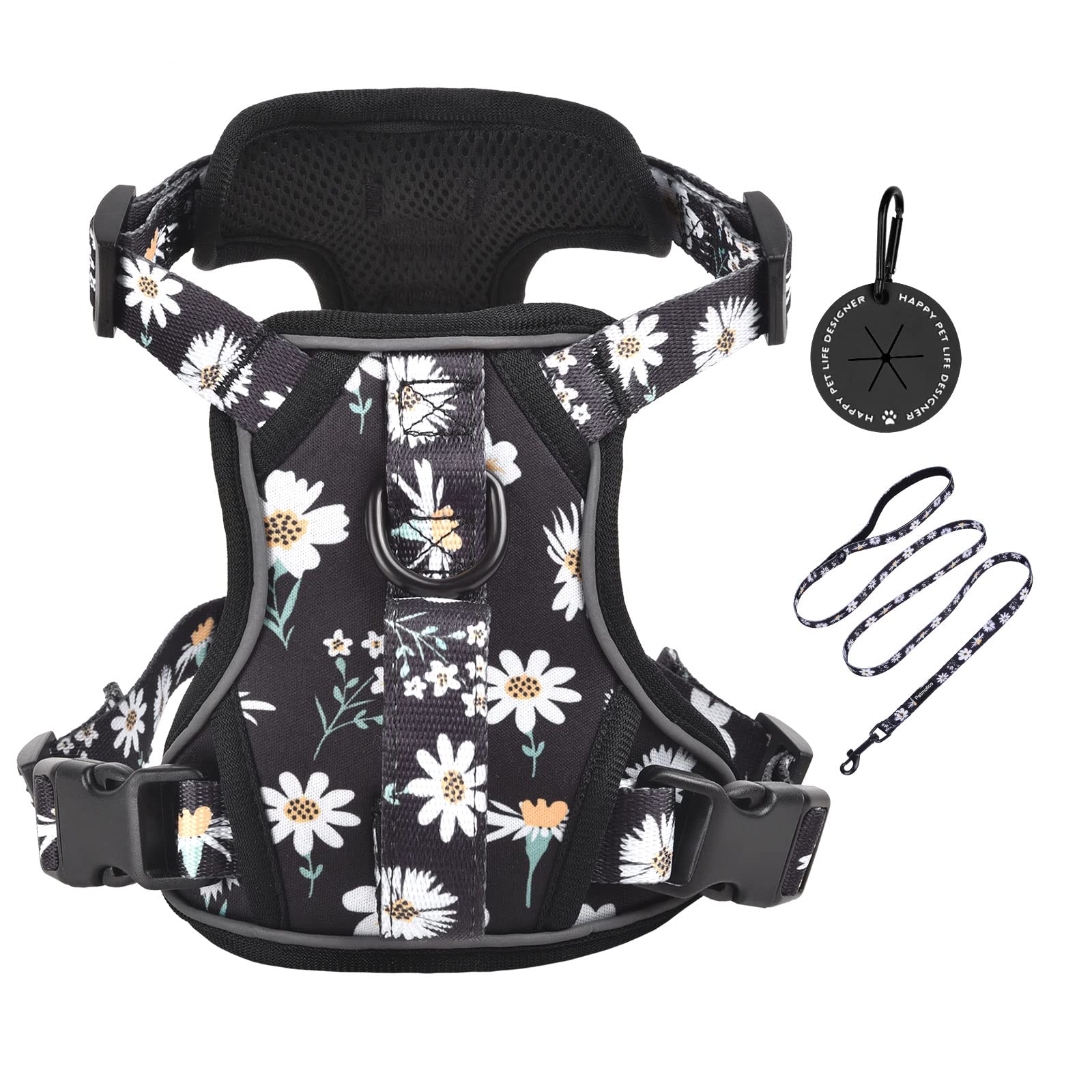 Petmolico Small Dog Harness - Adjustable Cute Vest with 2 Leash Clips & Soft Handle, Reflective Easy Walk Puppy Harness for Safety (Black Daisy, Medium) - Perfect for Walking, Training & Outdoor Adventures