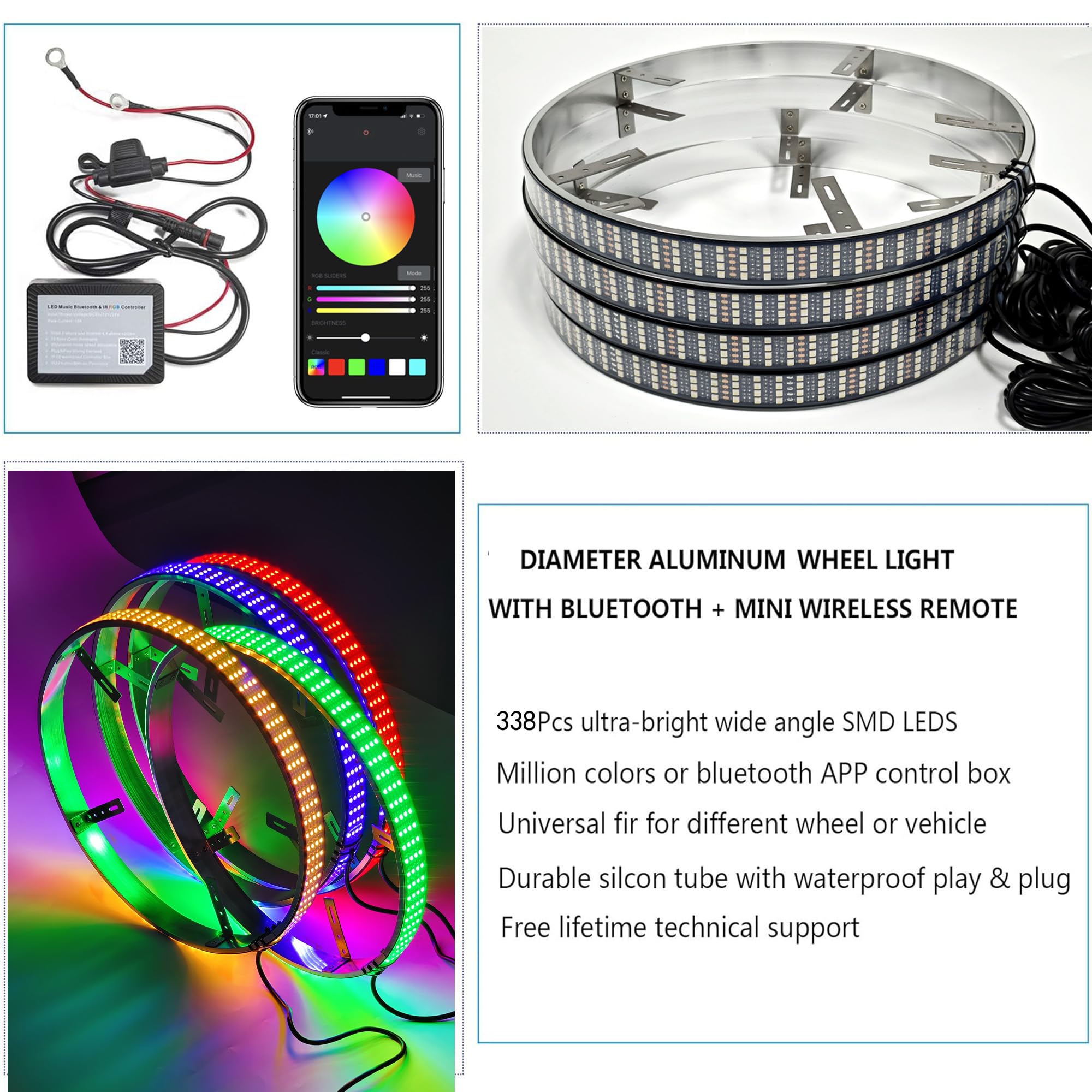 Quad Row 17in RGBW LED Wheel Lights with Brake Function | White Courtesy Lights & Waterproof Rim Lights for Trucks, SUVs, Cars | App-Controlled Customization | Perfect for Night Driving, Car Shows & Off-Road Adventures