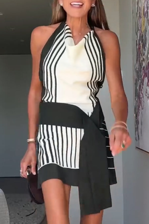 Stylish Striped Beads Cowl Neck Backless Tie-Up Mini Dress for Summer Events | Perfect for Beach Parties, Date Nights & Vacation Outfits