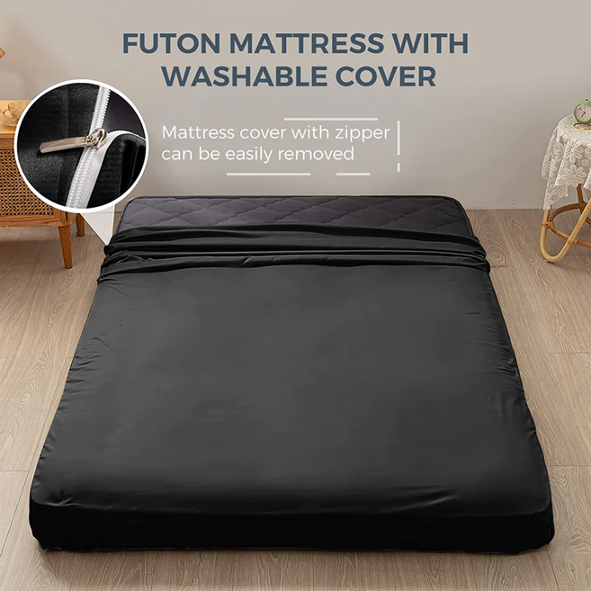 MAXYOYO Padded Japanese Floor Mattress - Black Foldable Roll Up Futon for Bedroom, Guest Room & Travel | Comfortable Floor Sleeping Mat for Adults & Kids