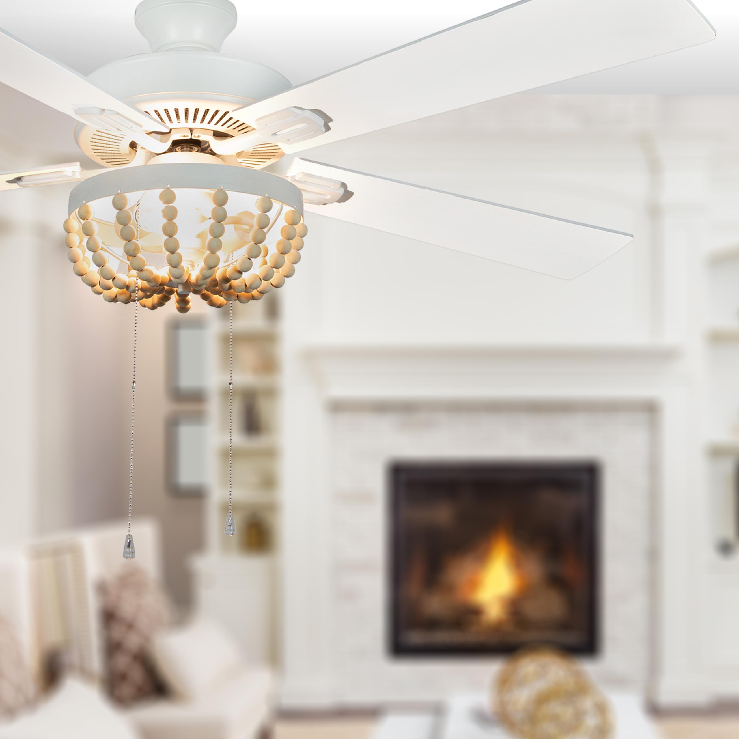 52 Inch Coastal Wooden Bead LED Ceiling Fan with Remote Control - Cream White Finish - Perfect for Beach House, Bedroom, Living Room & Patio Cooling