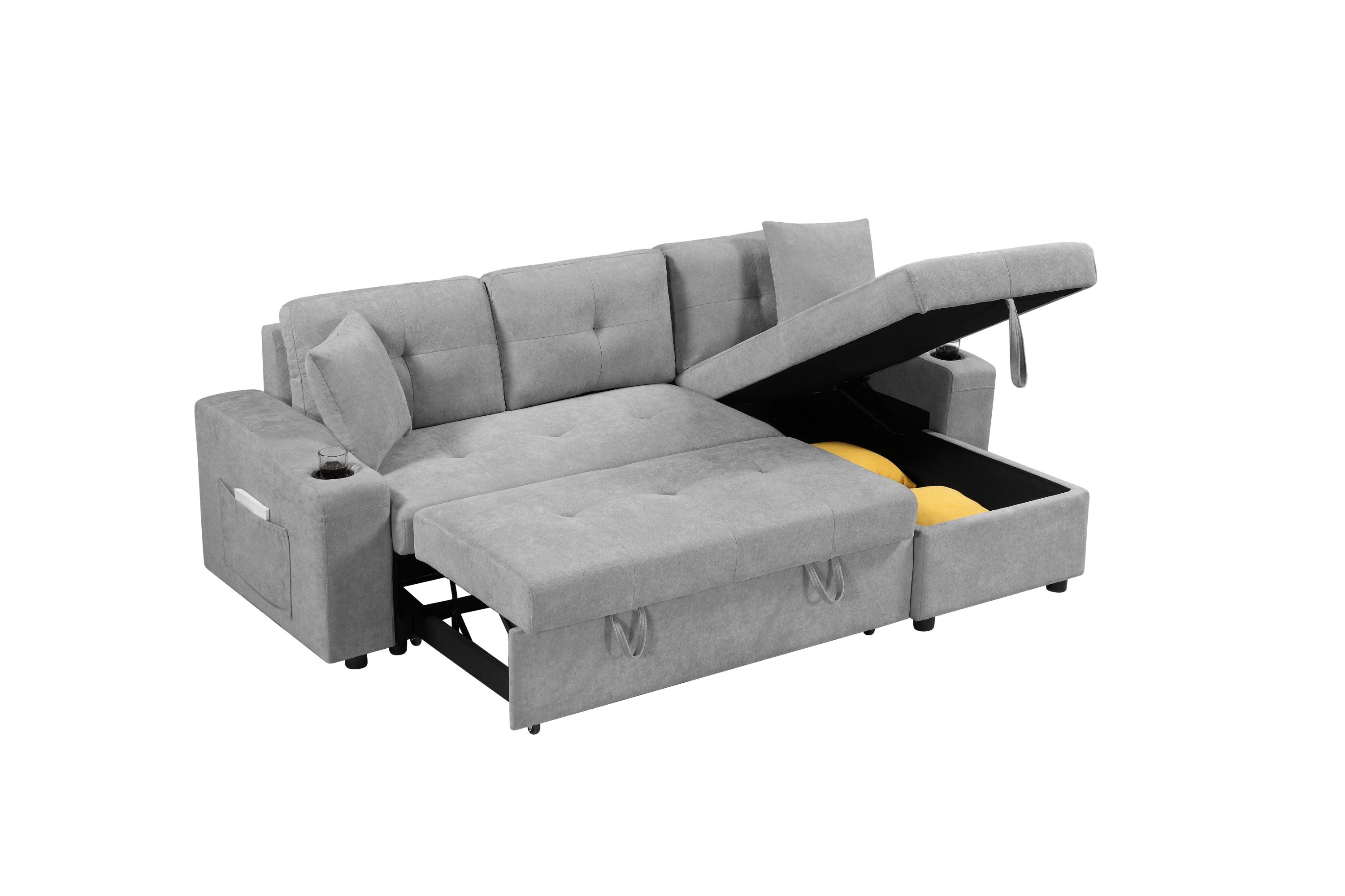 Convertible Corner Sofa with Armrest Storage - Modern Sectional Sofa for Living Room & Apartment, Right Chaise Longue in Grey - Perfect for Small Spaces, Movie Nights & Family Gatherings