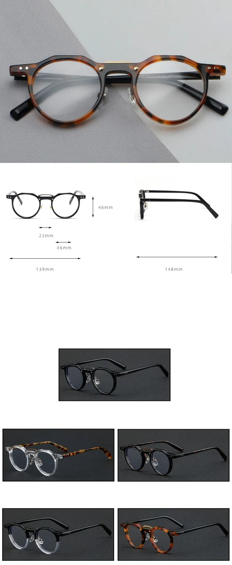 CCspace Unisex Full Rim Flat Top Round Acetate Eyeglasses Frame 56934 - Stylish & Lightweight for Work, Reading & Everyday Wear