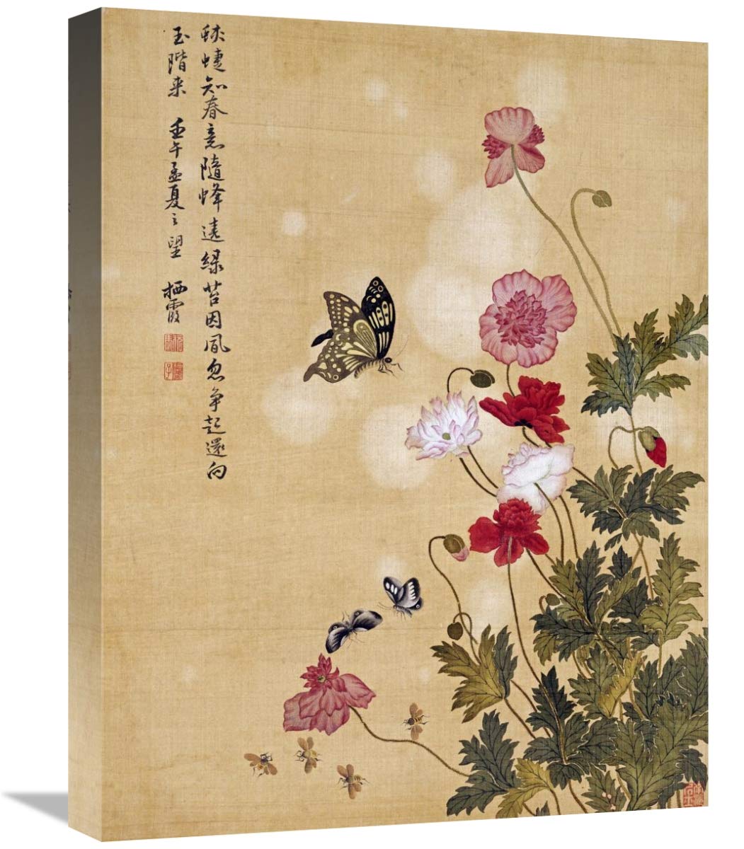 22 Inch Corn Poppy & Butterflies Wall Art Print by Ma Yuanyu - Vintage Floral Painting for Living Room, Bedroom & Office Decor