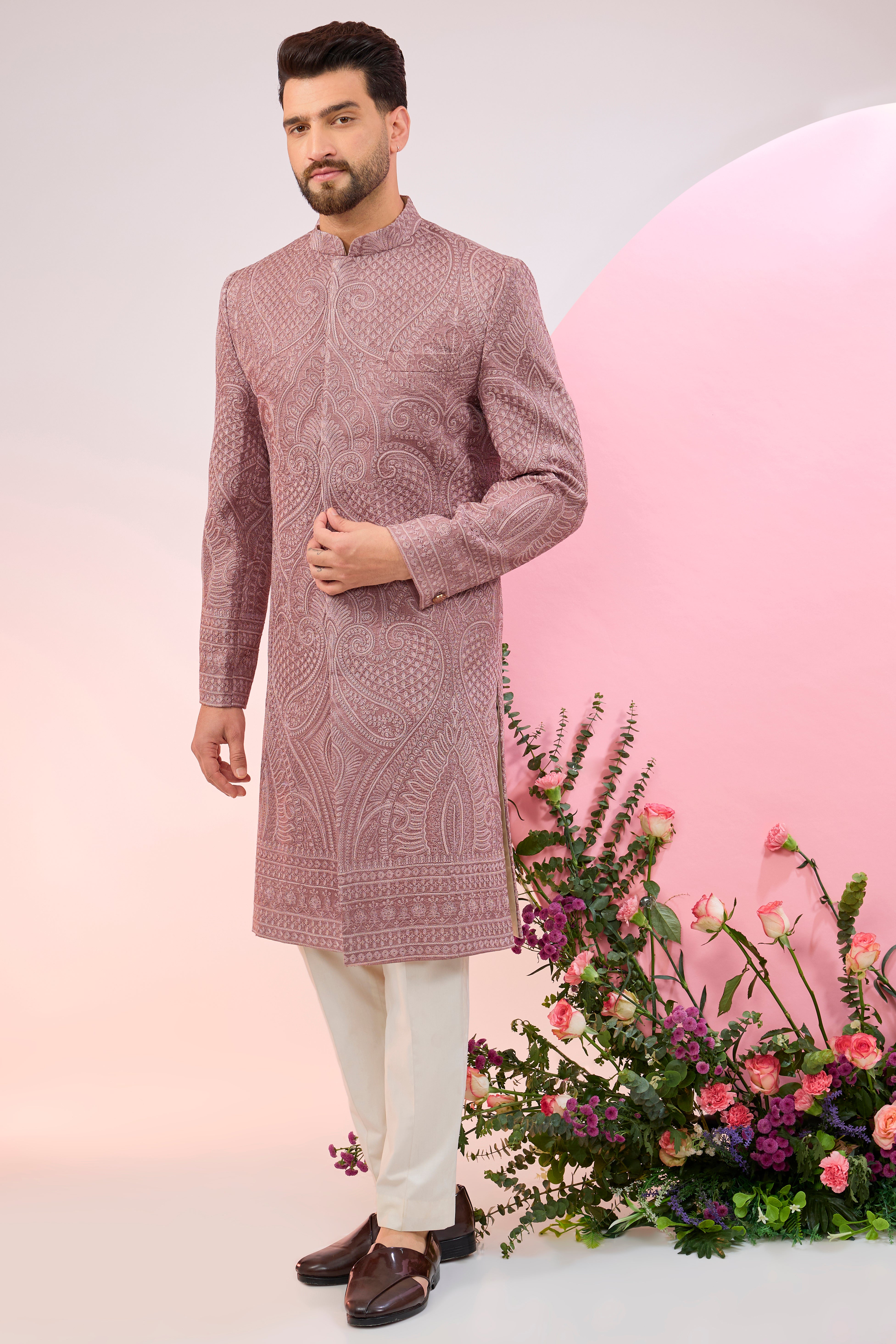 Elegant Mauve Taupe Kashmiri Embroidered Sherwani with Intricate Aari Work - Perfect for Weddings, Festivals & Special Occasions