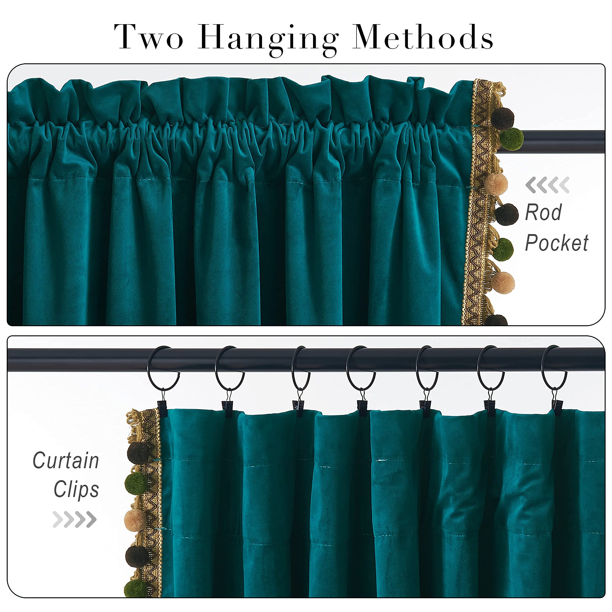 Luxury Teal Velvet Curtains with Pompom Trim - Blackout Thermal Insulated Drapes for Bedroom & Living Room, 52x84 Inches, 2 Panels with Tiebacks - Elegant Window Treatment for Home Decor & Light Control