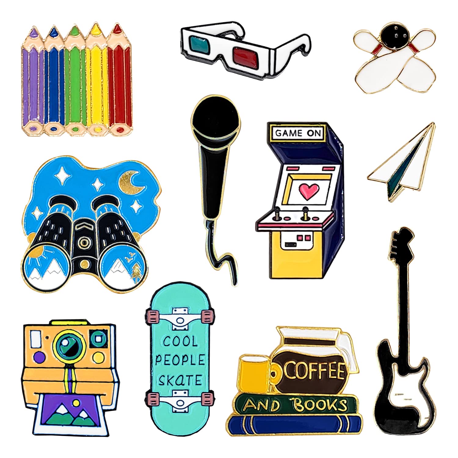 11-Piece Enamel Pin Badge Set - Fashion Brooches for Women & Teens - Metal Lapel Pins for Jackets, Bags, Denim & DIY Crafts - Cute Collectible Accessories for Outfits, Backpacks & Gifts (Entertainment Theme)