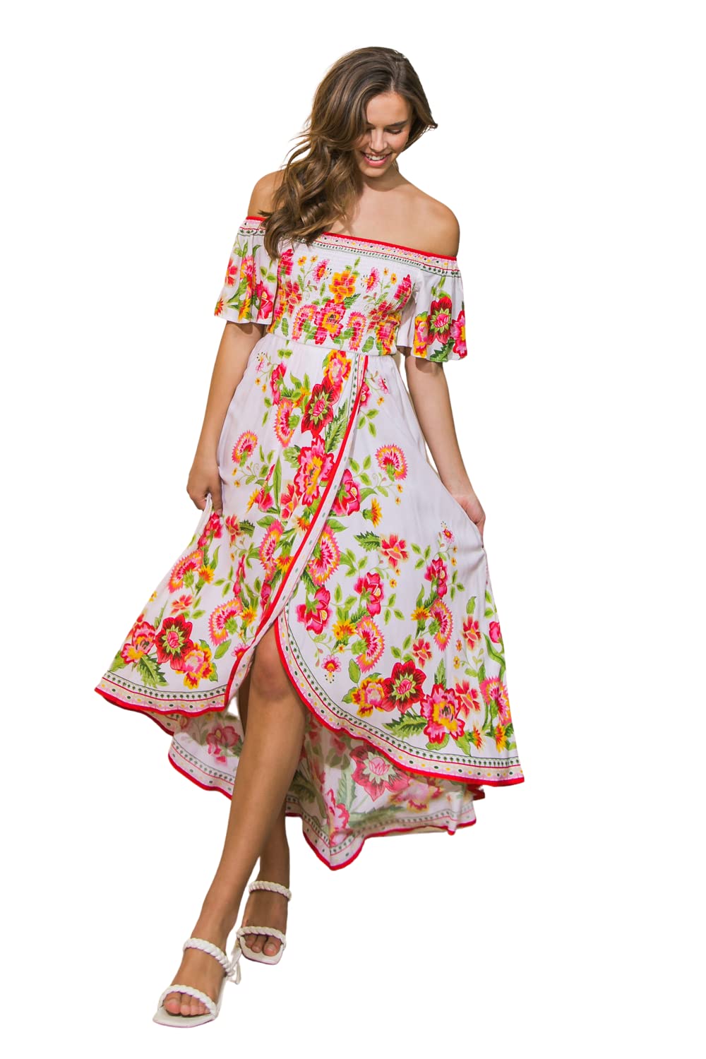 Bohemian Off Shoulder Maxi Dress - Tropical Floral Print Smocked Summer Dress with Hi-Low Hem | Perfect for Beach Vacations, Music Festivals and Boho Chic Outfits