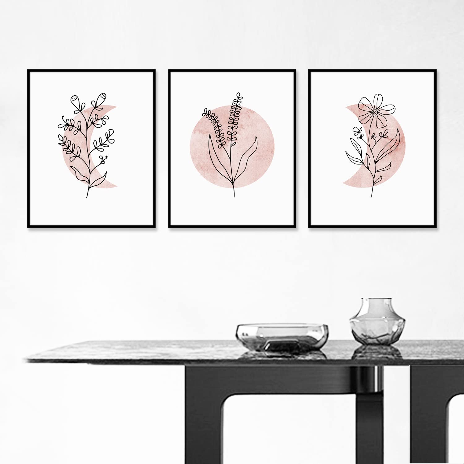 Boho Blush Pink Floral Moon Art Prints - Set of 3 Abstract Black Line Wall Decor with Sun & Moon Phases - 11x14 Inch Unframed Canvas Art for Bedroom, Living Room & Nursery Decor