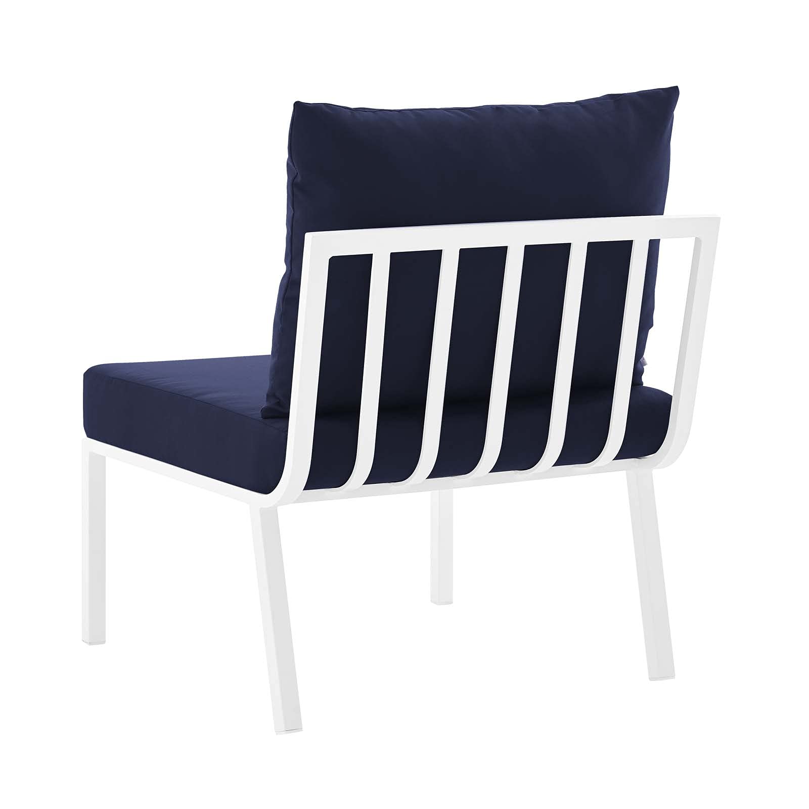 Modern Outdoor Lounge Sectional Sofa Set - Aluminum Metal Frame with White Blue Navy Cushions - Perfect for Patio, Cafe, Bistro & Garden Relaxation