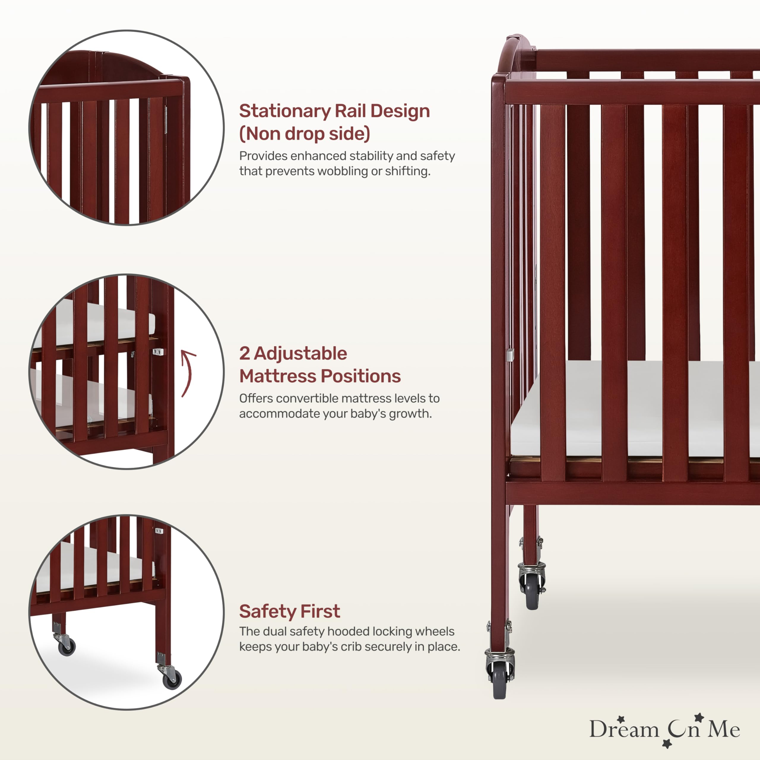 Dream On Me 2-in-1 Folding Portable Crib - Convertible Baby Bed with Mattress, Natural Birch & Cherry Finish | Nursery, Travel & Space-Saving Sleep Solution