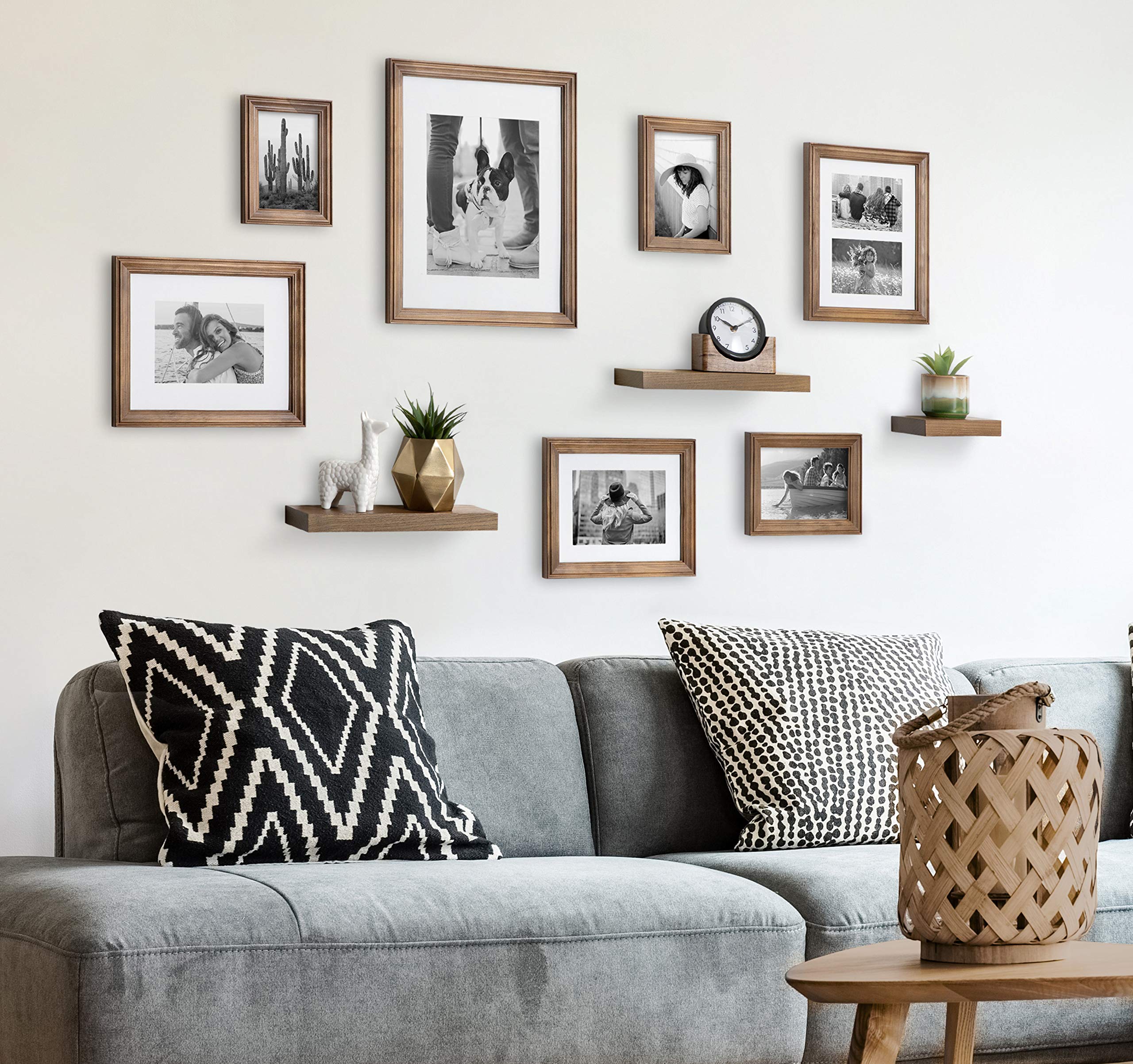 Kate and Laurel Bordeaux Gallery Wall Frame and Shelf Kit - Set of 10 Natural Wood Finish Frames with 3 Display Shelves - Perfect for Living Room, Bedroom & Office Decor
