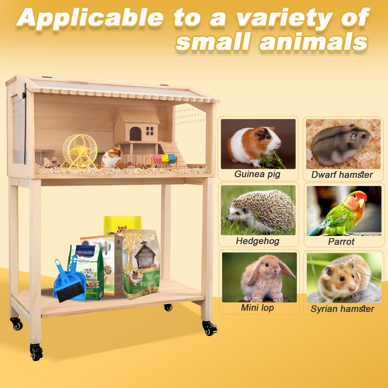 Premium Wooden Hamster Cage with Storage Shelf - Large Pine Guinea Pig Cage for Small Animals (Chinchilla, Rat, Bunny) - Spacious 32