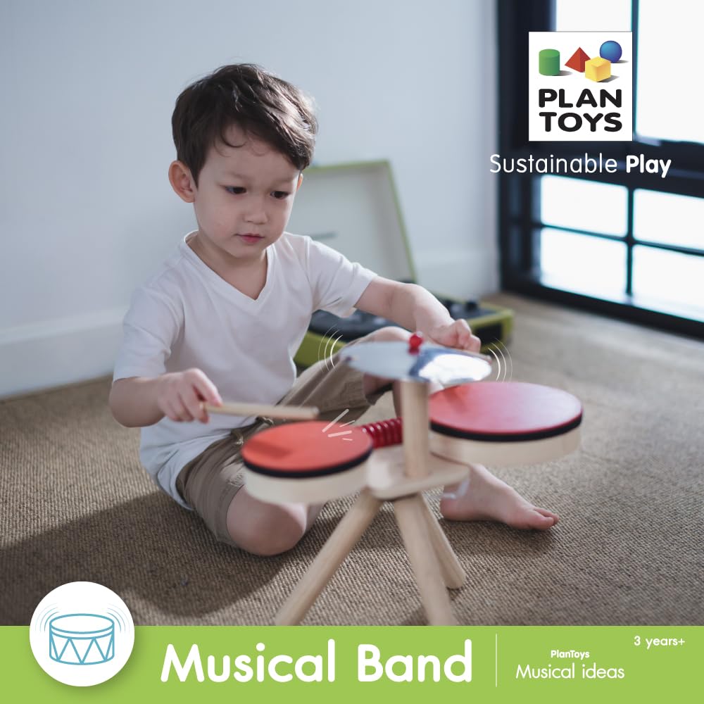 PlanToys Musical Band Set - Wooden Percussion Instruments for Kids, Toddler Musical Toys with Drum, Xylophone & More - Perfect for Early Learning, Music Play & Sensory Development