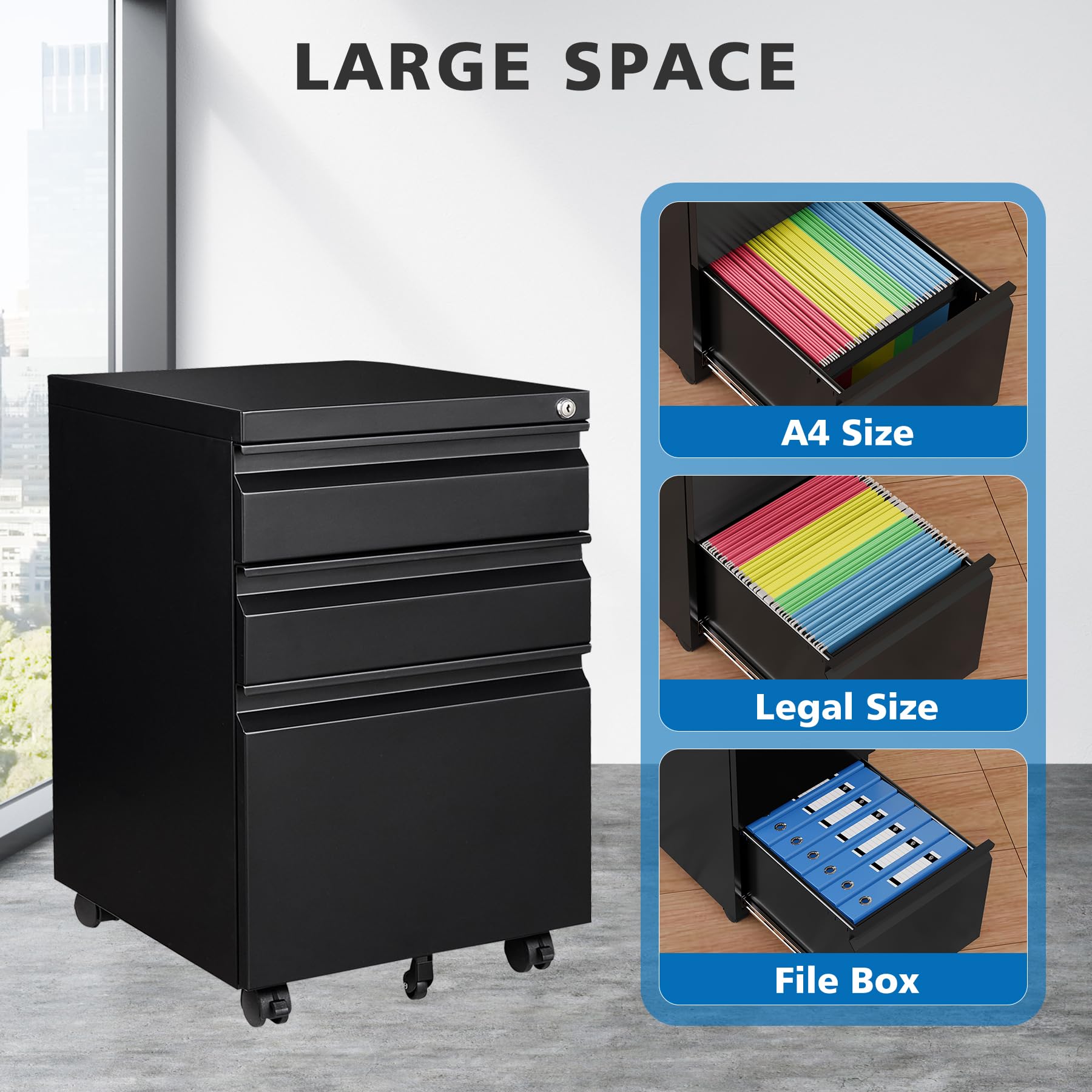 3-Drawer Locking Metal File Cabinet with Wheels - Mobile Vertical Storage for Office & Home, Fully Assembled - Perfect for Organizing Documents, Files, and Office Supplies
