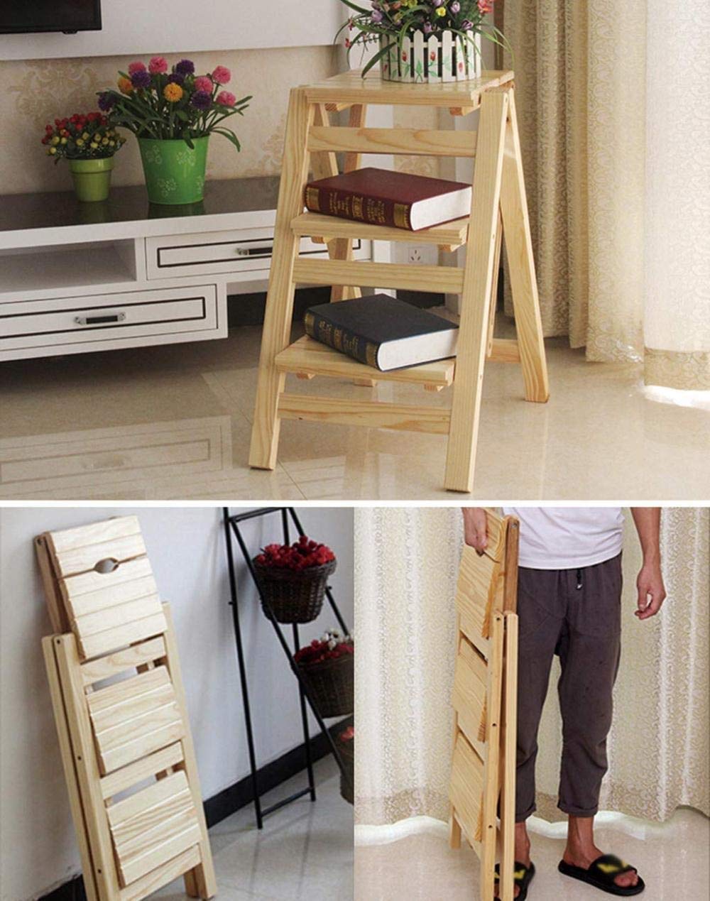 KAZUP 3-Step Wooden Folding Step Stool for Indoor Use - Solid Wood Ladder Stool, Flower Stand, Multi-Functional Chair - Perfect for Home, Kitchen, Bathroom, and Gardening
