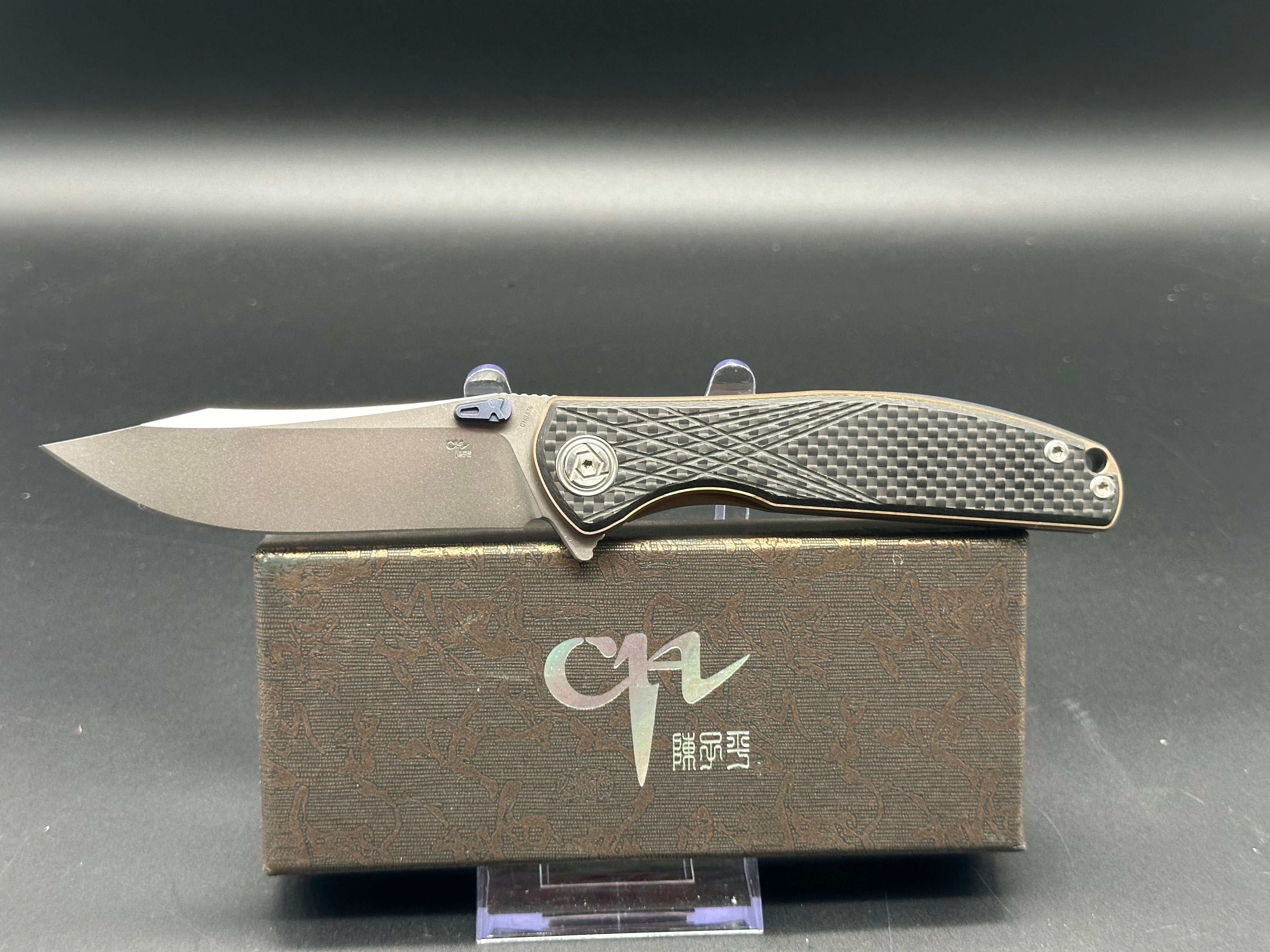 CH Knives CH3516 Bronze Titanium Frame Lock Folding Knife with Carbon Fiber Scales & Blue Accents - EDC, Outdoor, Camping, Survival Gear