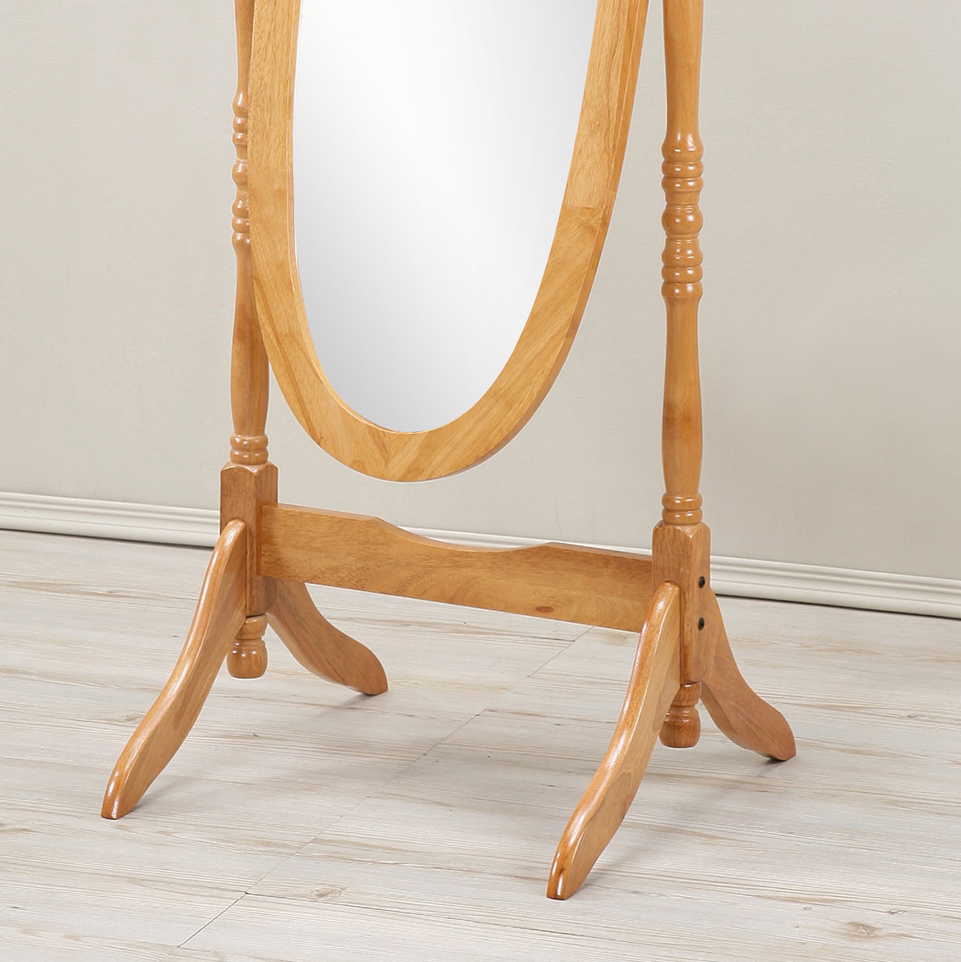 Roundhill Furniture Traditional Queen Anne Style Wood Floor Cheval Mirror, Oak Finish - Elegant Full-Length Standing Mirror for Bedroom, Living Room, or Dressing Area