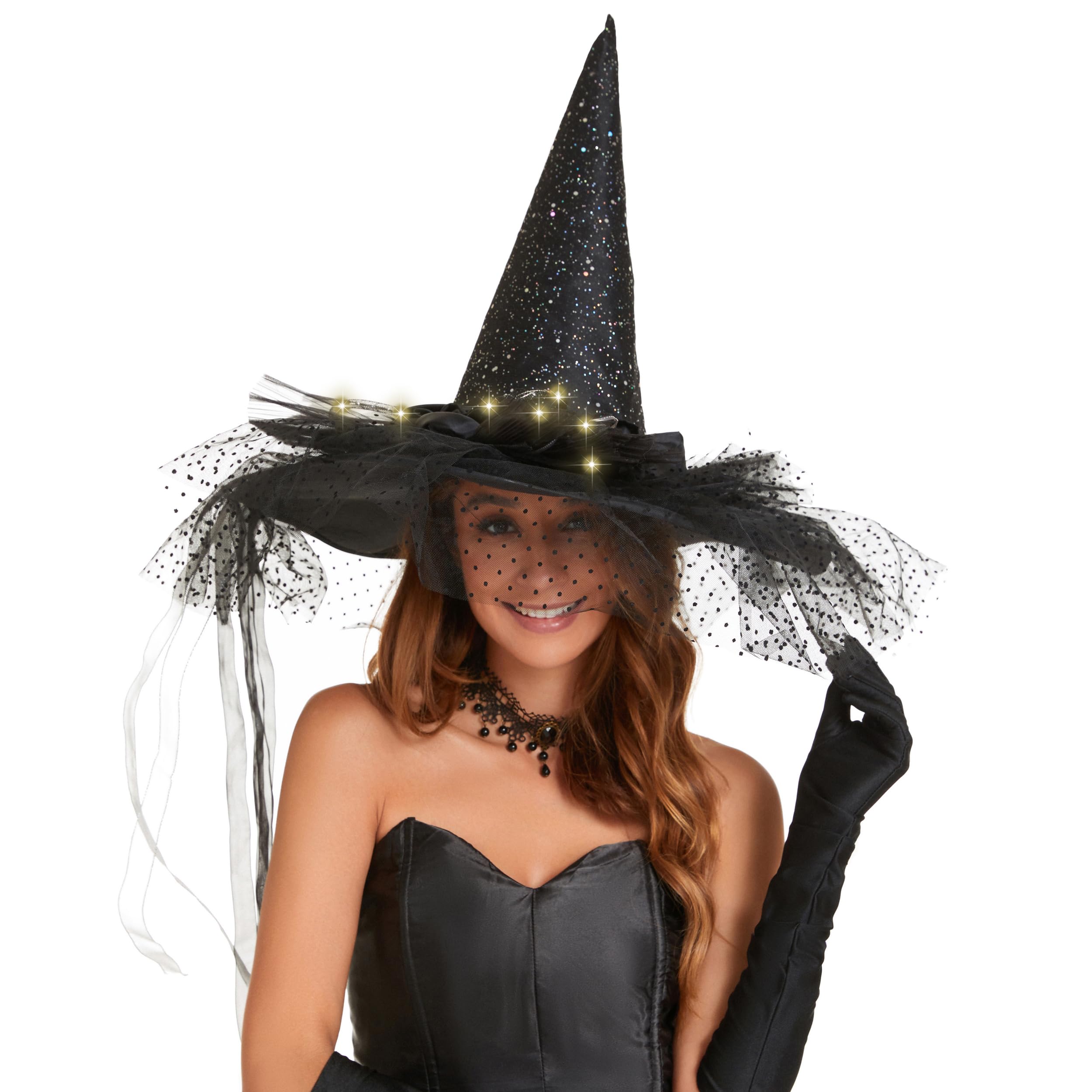 LED Light Witch Hat for Women - Black Halloween Costume Steeple Top Hat with Lamp for Party, Cosplay & Witch Theme Events