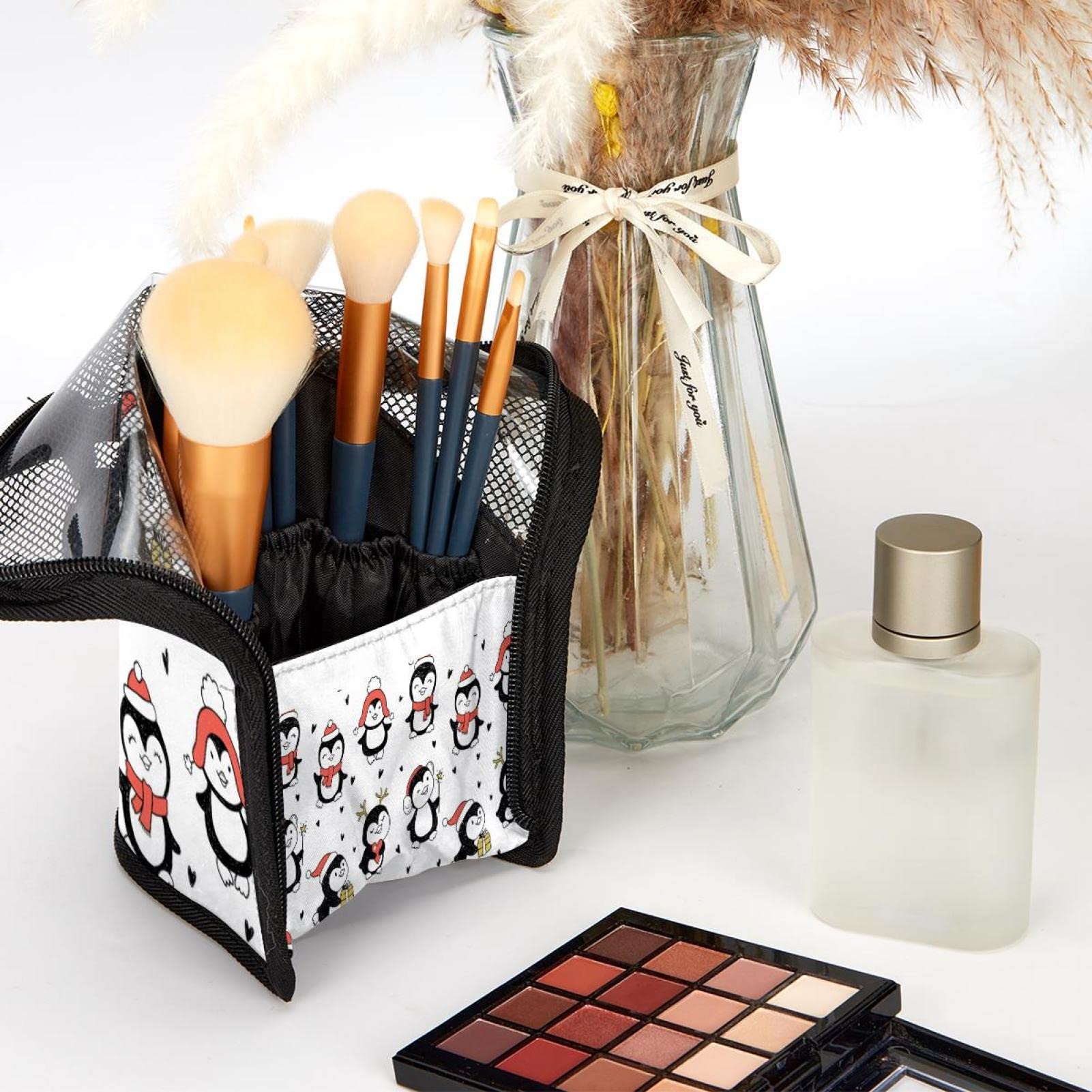 Portable Makeup Brush Organizer Bag with 12 Slots - Cute Penguin Design for Christmas Gift - Travel Cosmetic Brush Holder Case - Perfect for Makeup Artists & Travelers