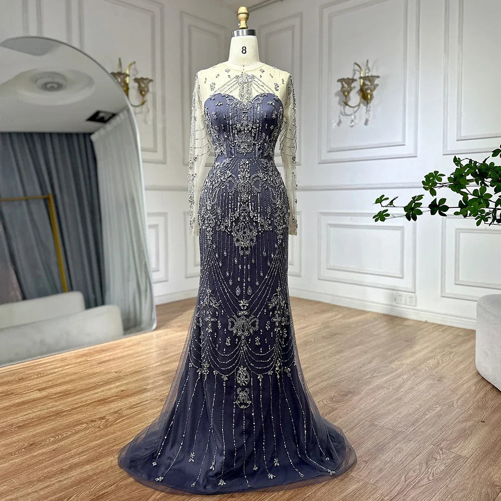 Luxury Dubai Elegant Blue Saudi Arabic Evening Gown with Overskirt - Crystal Beaded Formal Dress for Women - Perfect for Weddings, Galas & Special Occasions LA72757