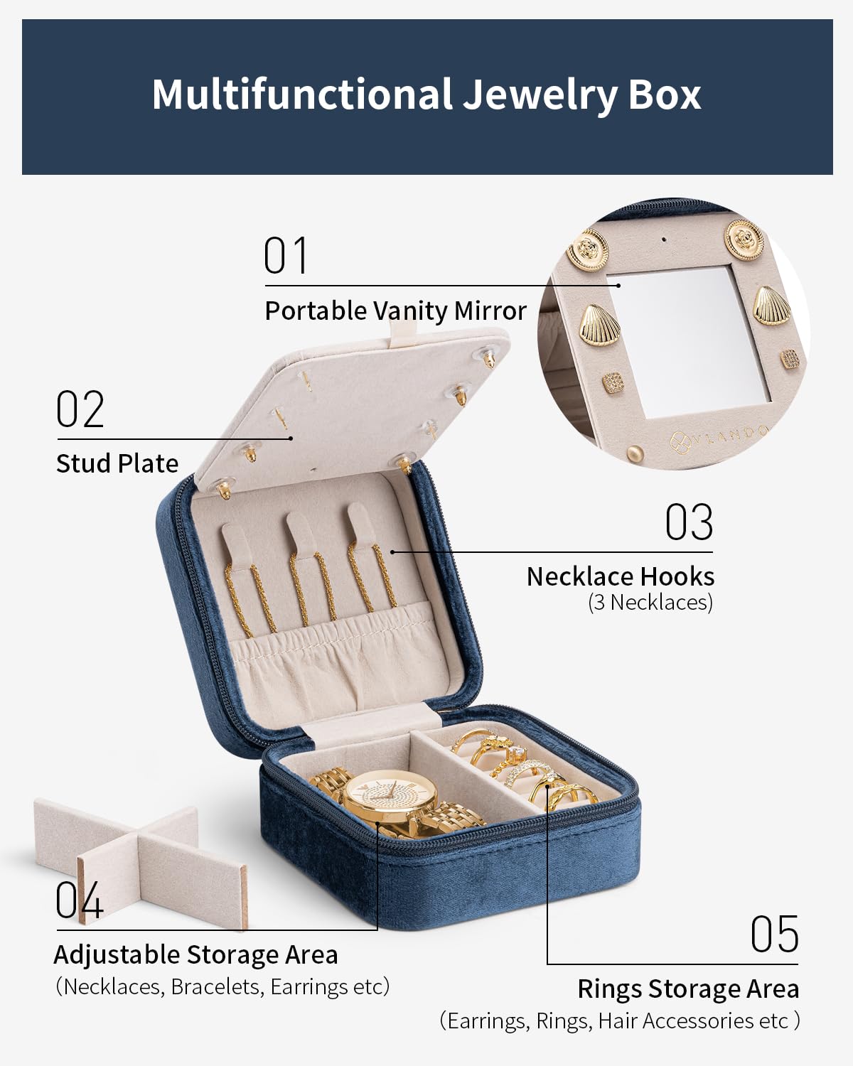 Personalized Initial Jewelry Box for Women - Engraved Letter J Dark Blue Travel Jewelry Case | Birthday Gifts for Best Friends, Friendship Gifts for Her | Perfect for Travel, Bridesmaid Proposal & Special Occasions