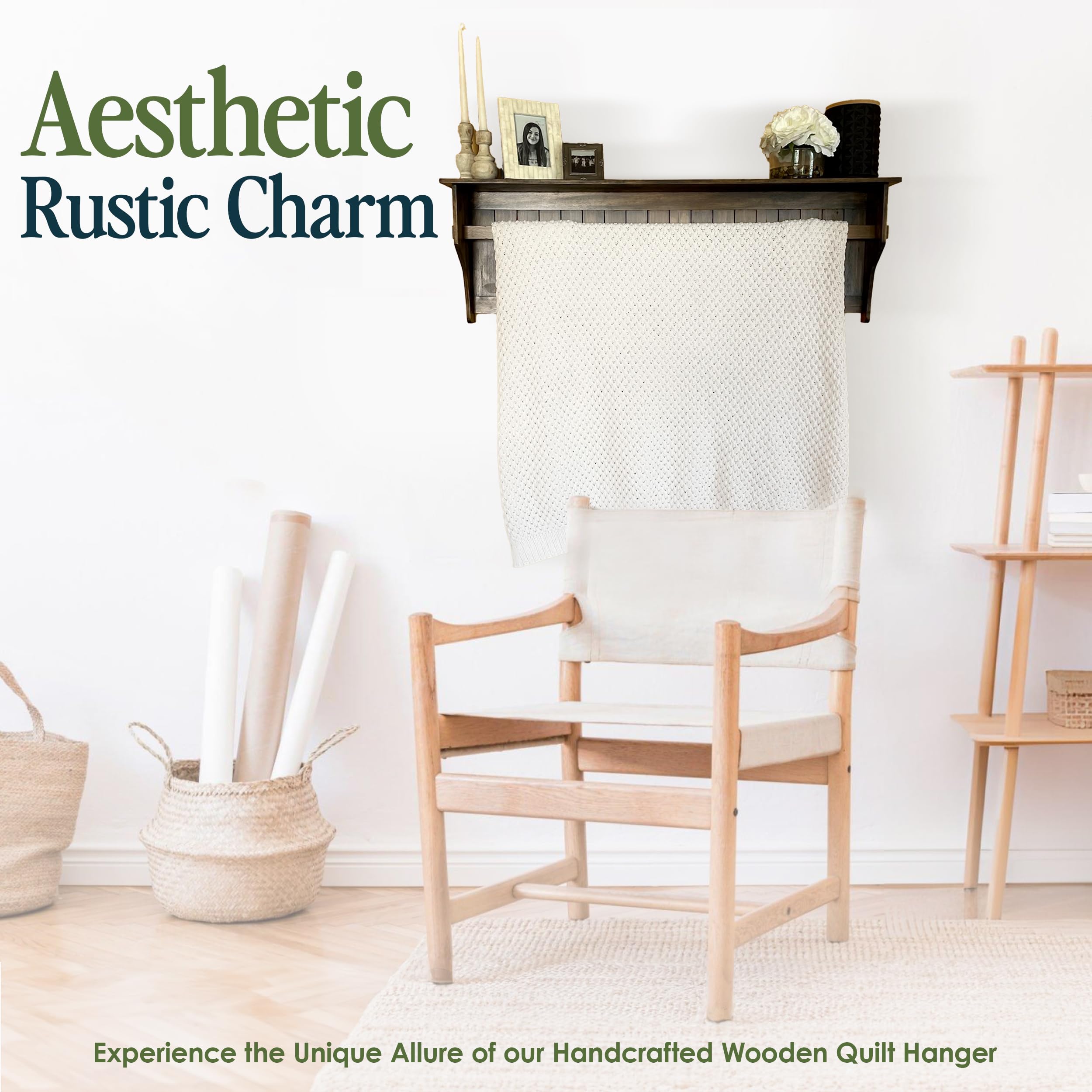 Rustic Farmhouse Style Wall Mounted Quilt Rack with Shelf - Solid Pine Wood Quilt Hanger for Bedroom & Living Room Decor | Perfect for Blanket Storage and Farmhouse Home Decor