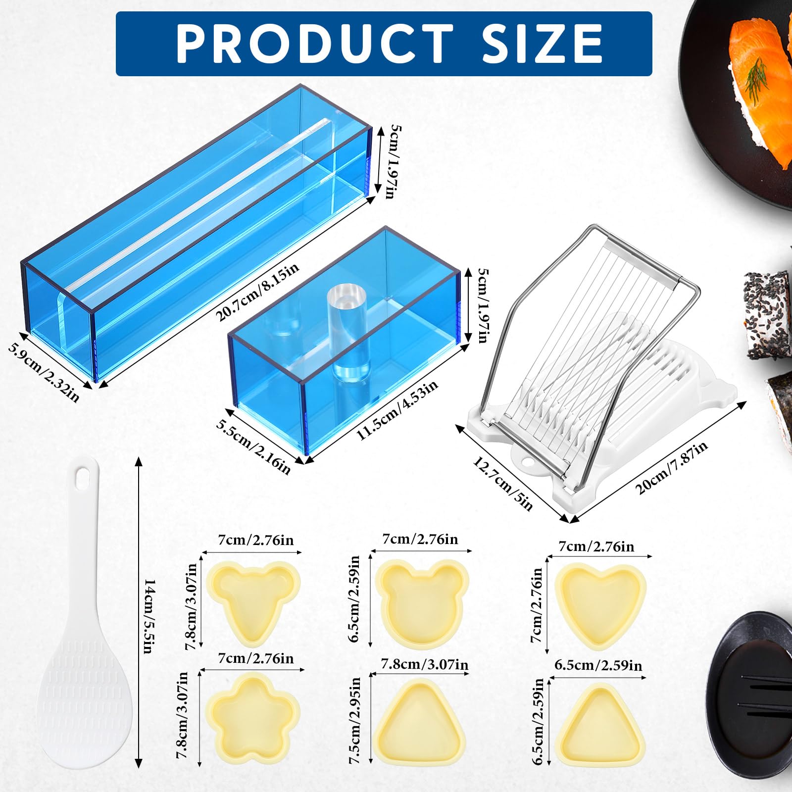 Baderke 10-Piece Musubi Maker Kit - 2 Blue Acrylic Sushi Press Molds, 1 Luncheon Meat Slicer, Stainless Steel Wires, 6 Rice Ball Molds, 1 Spoon - Complete DIY Sushi Making Kit for Home, Bento Box, Picnic & Party Food Prep