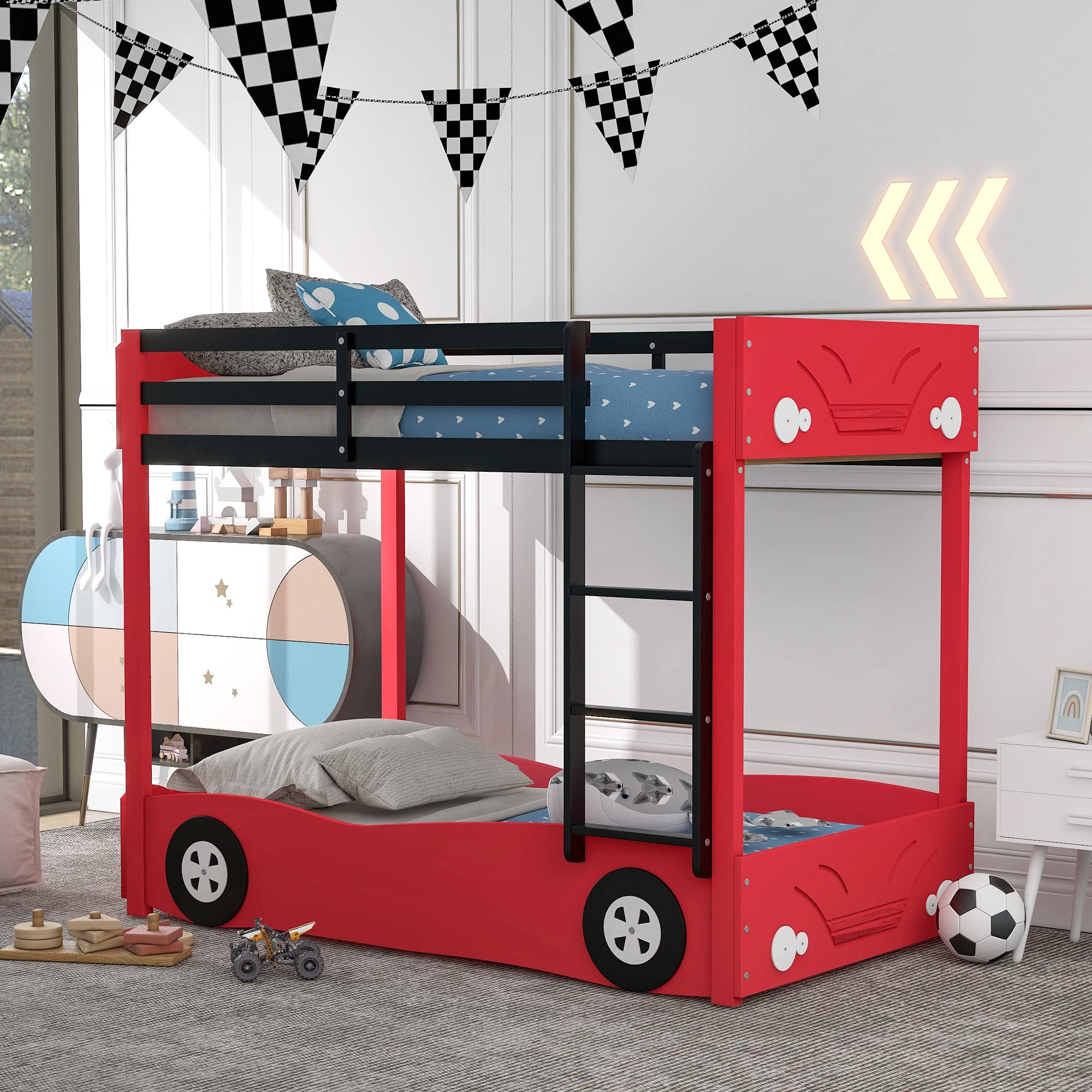 P PURLOVE Twin Size Car-Shaped Bunk Bed with Wheels - Wooden Twin Over Twin Bunk Bed with Slat Support for Kids & Teens | Space-Saving Bedroom Furniture for Small Rooms & Shared Kids' Bedrooms