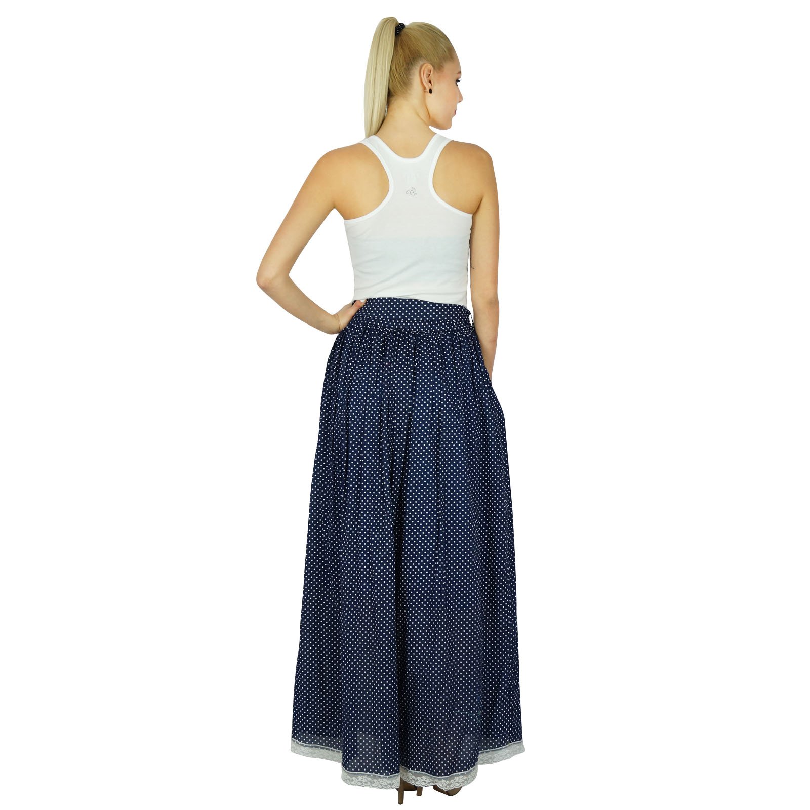 Bimba Women's Long Flared Cotton Tulip Maxi Skirt with Lace Trim - Boho Gypsy Style Blue Midi Dress for Beach, Vacation & Summer Outfits